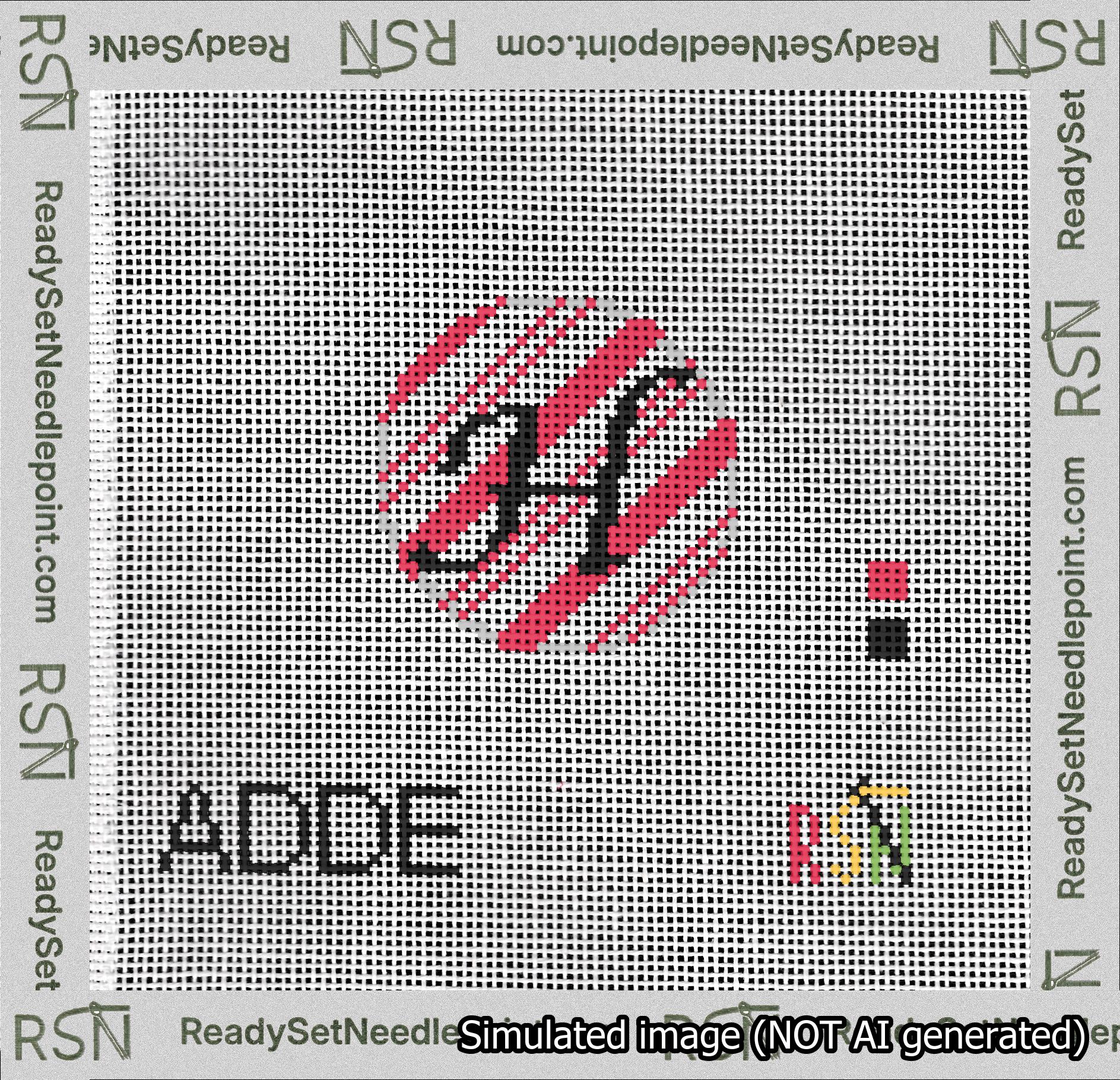 A taped needlepoint canvas with the design: Holiday Circle Initial H Font Black Script Background Candy Cane Stripe.