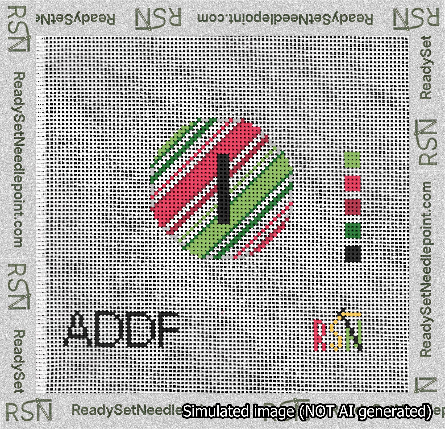A taped needlepoint canvas with the design: Holiday Circle Initial I Font Black Sans Serif Background Christmas Stripe.