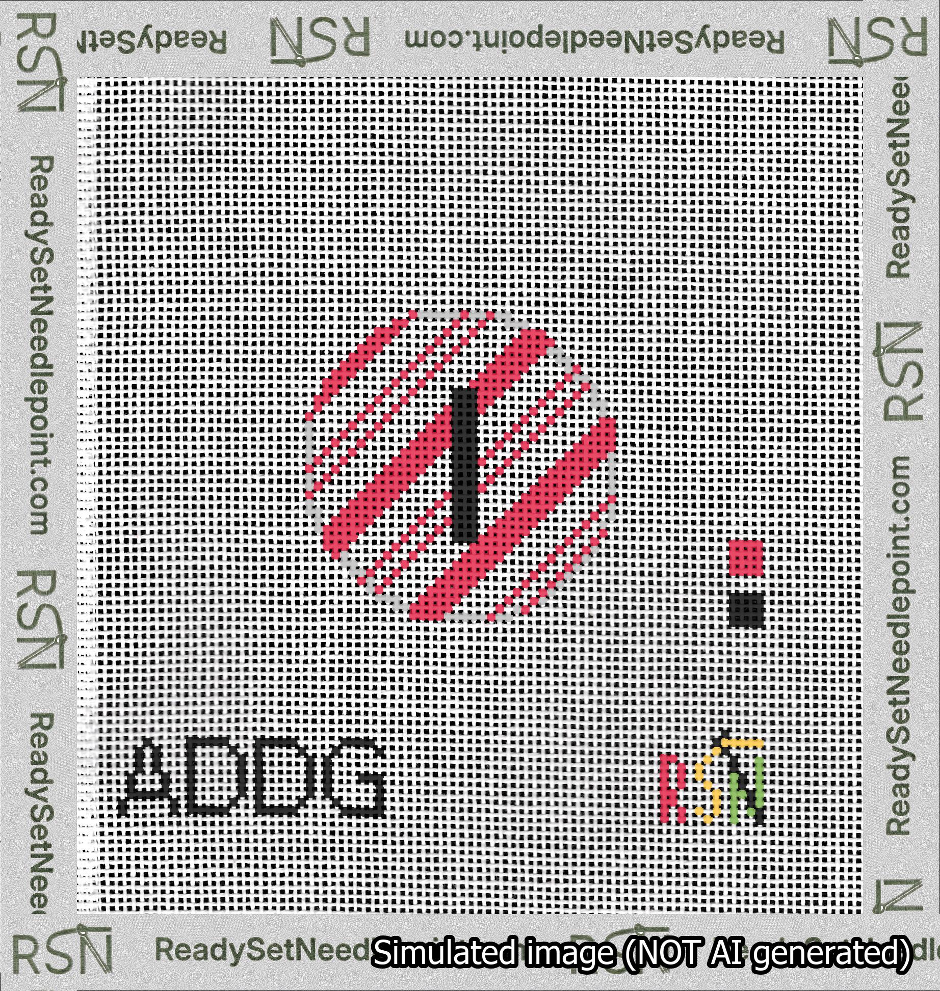 A taped needlepoint canvas with the design: Holiday Circle Initial I Font Black Sans Serif Background Candy Cane Stripe.