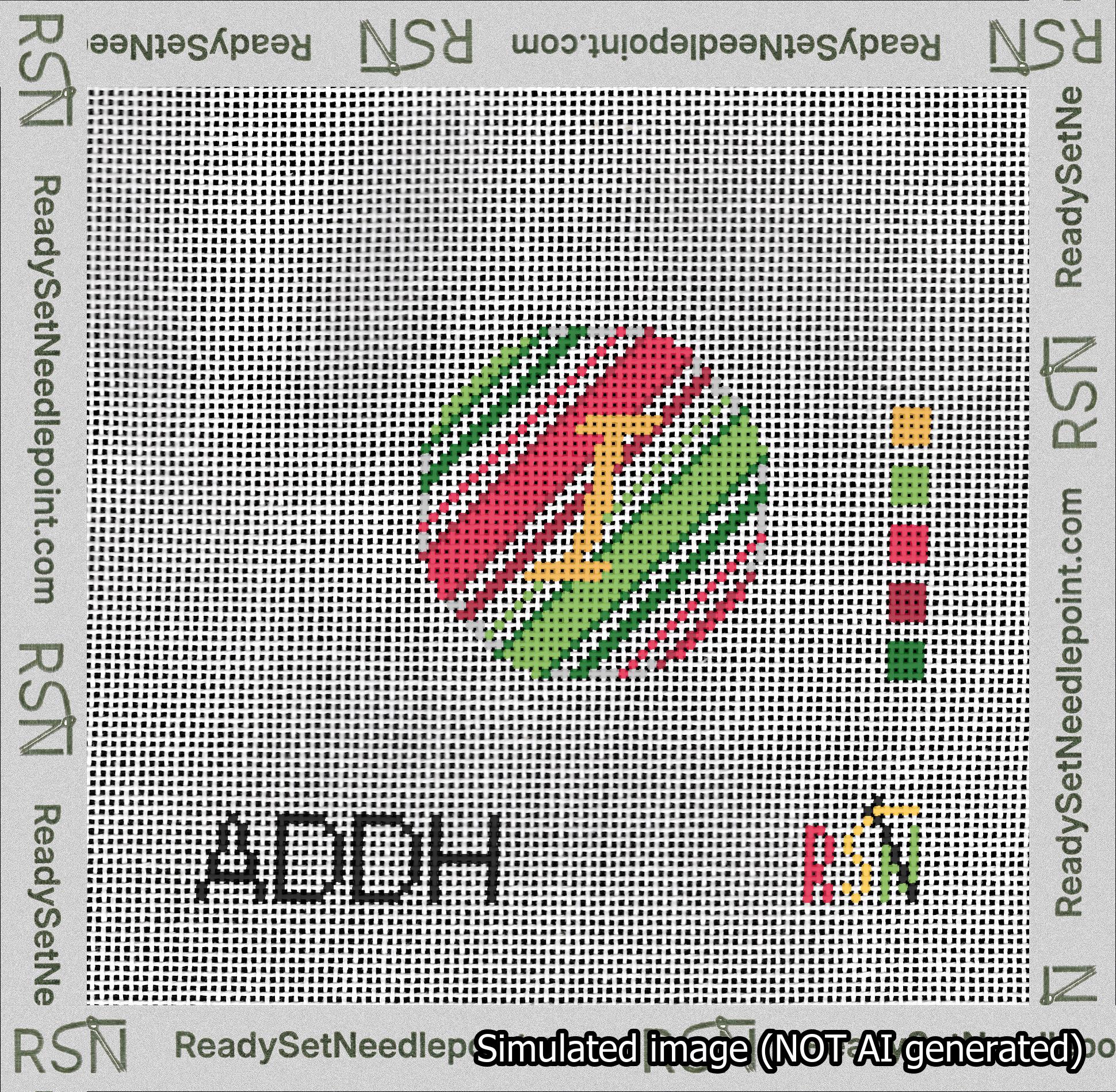 A taped needlepoint canvas with the design: Holiday Circle Initial I Font Gold Script Background Christmas Stripe.