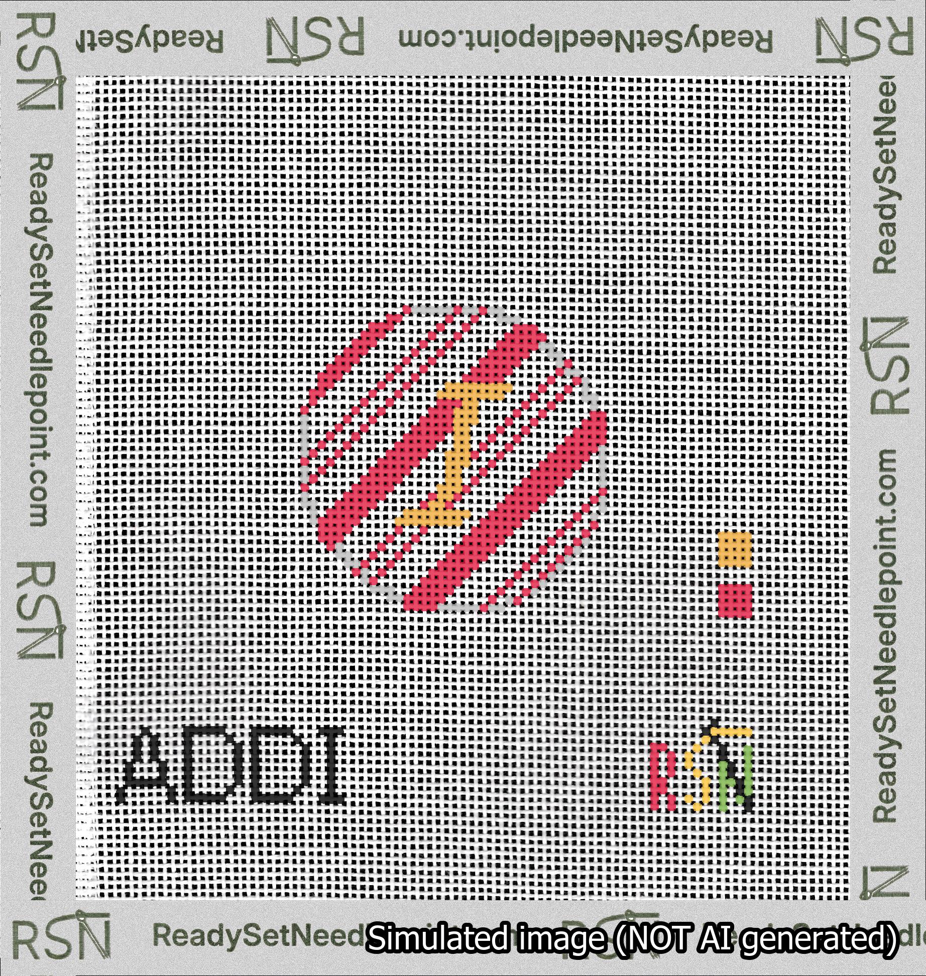 A taped needlepoint canvas with the design: Holiday Circle Initial I Font Gold Script Background Candy Cane Stripe.