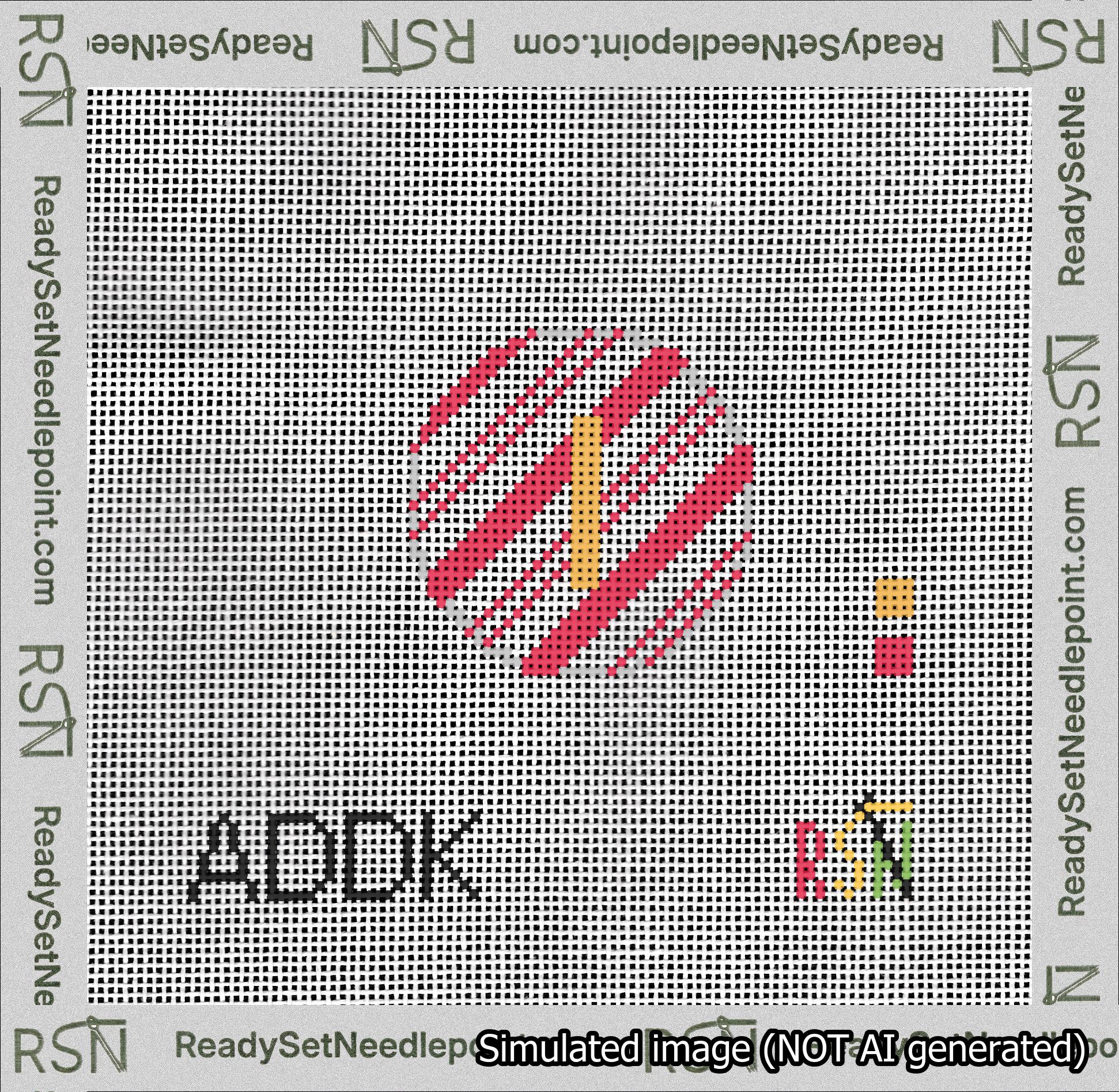 A taped needlepoint canvas with the design: Holiday Circle Initial I Font Gold Sans Serif Background Candy Cane Stripe.