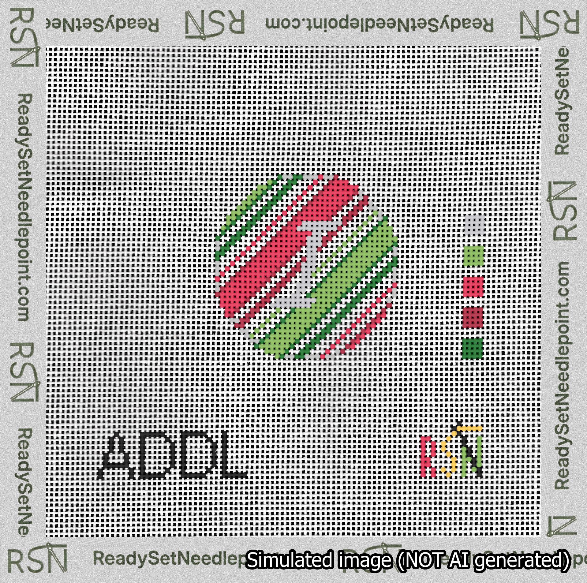 A taped needlepoint canvas with the design: Holiday Circle Initial I Font Silver Script Background Christmas Stripe.