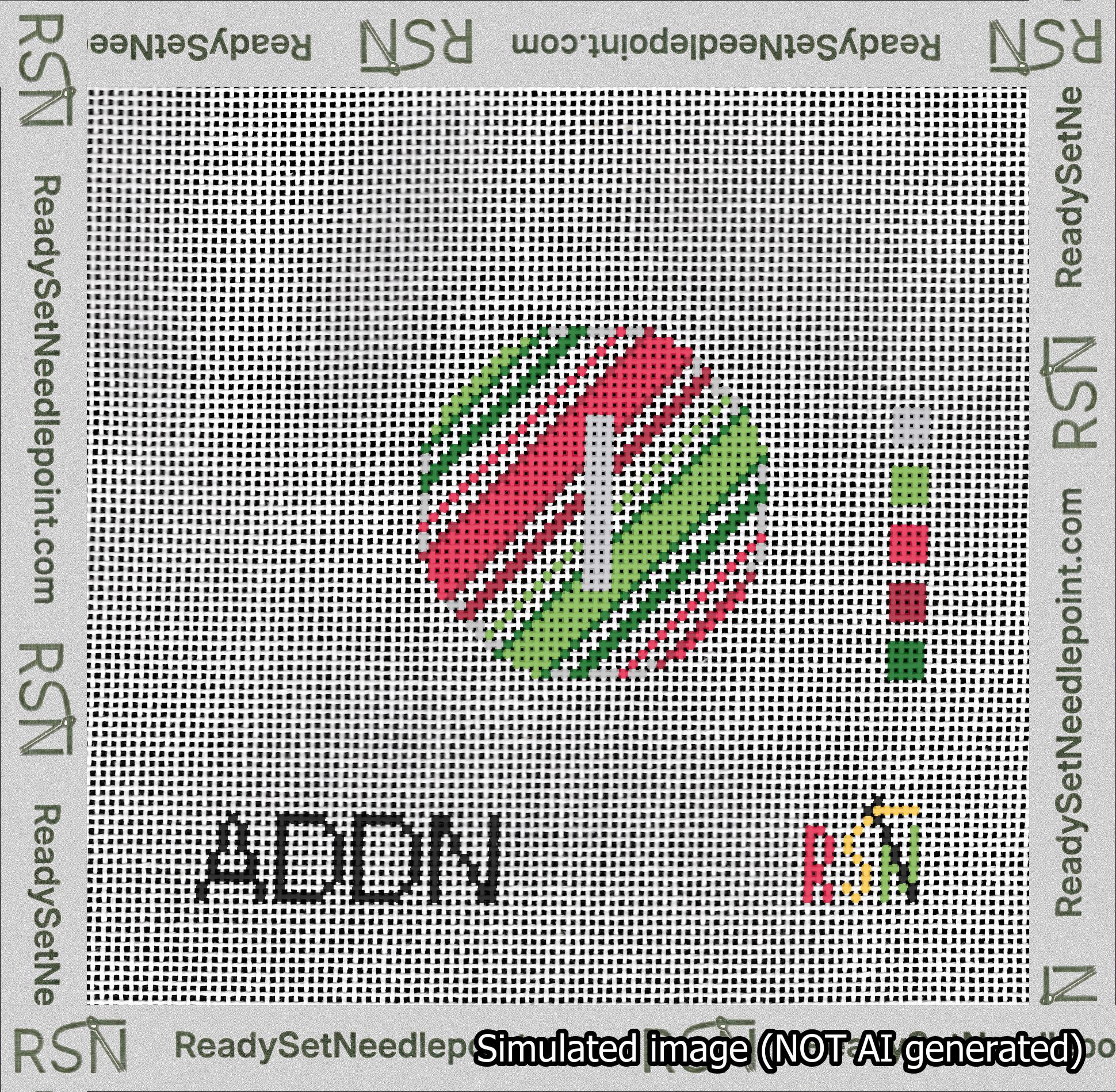 A taped needlepoint canvas with the design: Holiday Circle Initial I Font Silver Sans Serif Background Christmas Stripe.