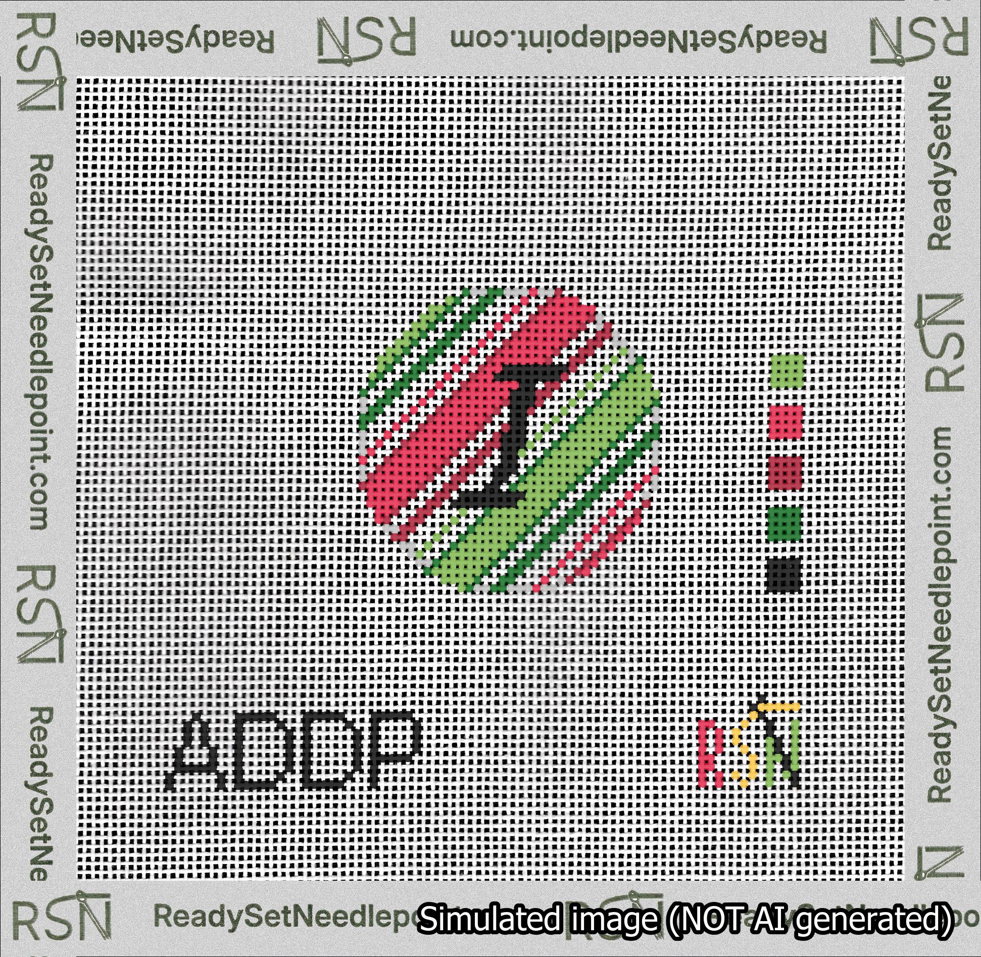 A taped needlepoint canvas with the design: Holiday Circle Initial I Font Black Script Background Christmas Stripe.