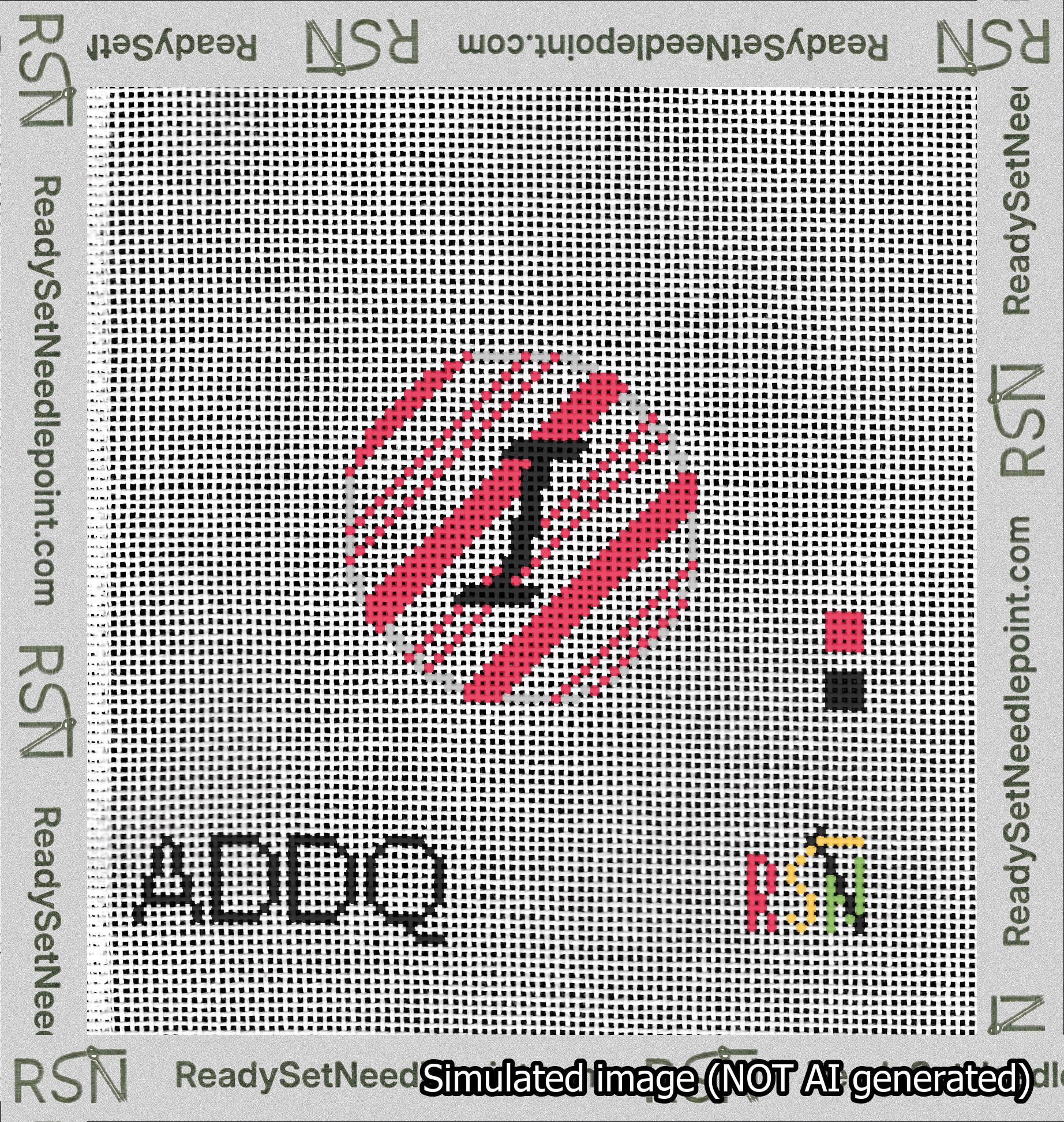 A taped needlepoint canvas with the design: Holiday Circle Initial I Font Black Script Background Candy Cane Stripe.