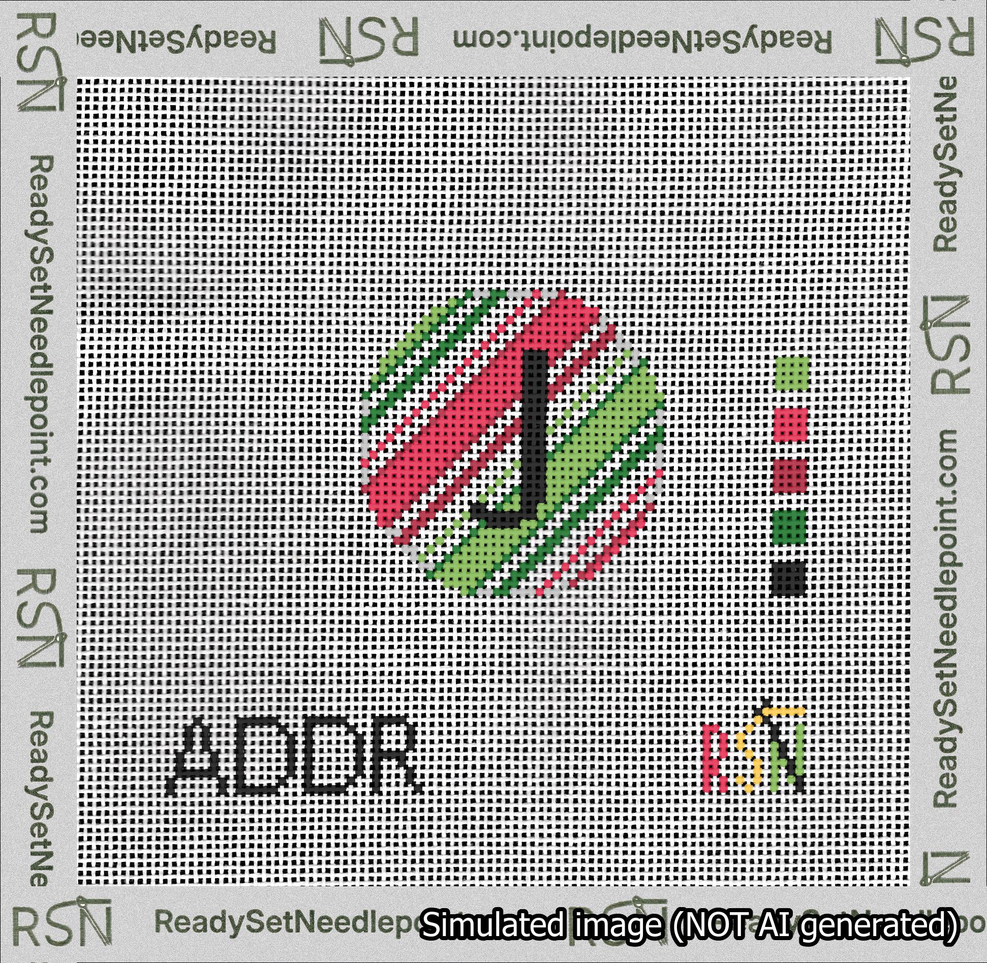 A taped needlepoint canvas with the design: Holiday Circle Initial J Font Black Sans Serif Background Christmas Stripe.