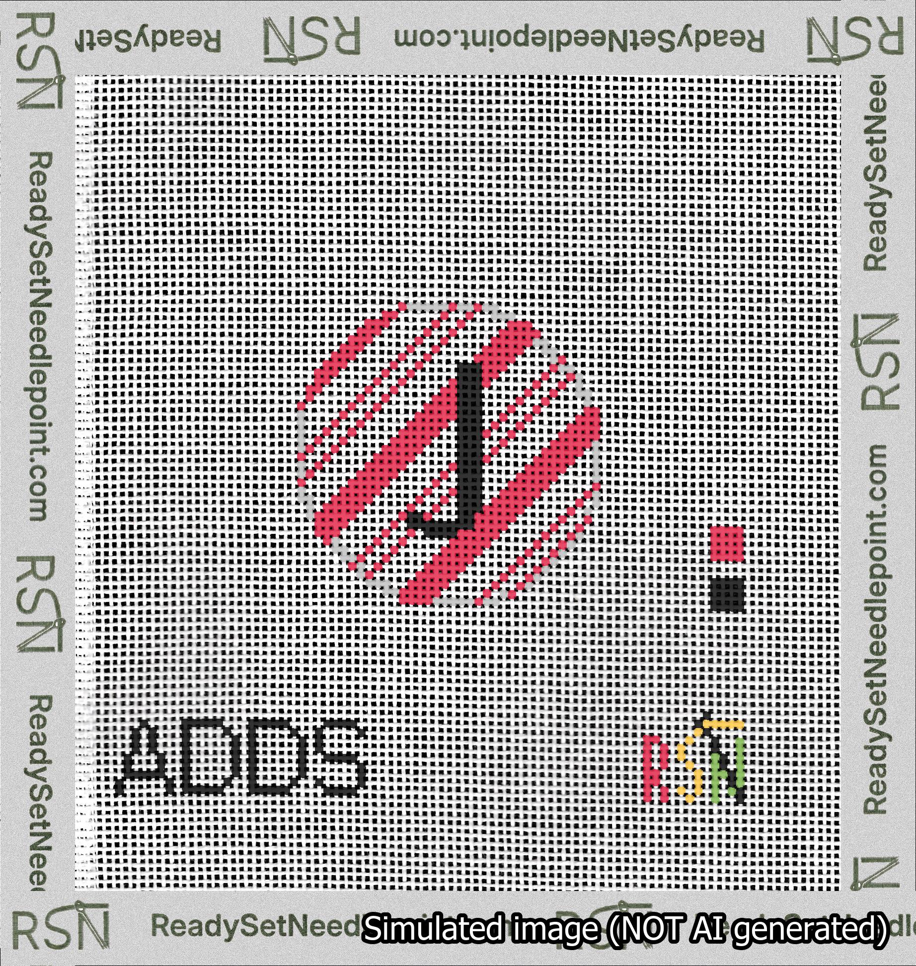 A taped needlepoint canvas with the design: Holiday Circle Initial J Font Black Sans Serif Background Candy Cane Stripe.