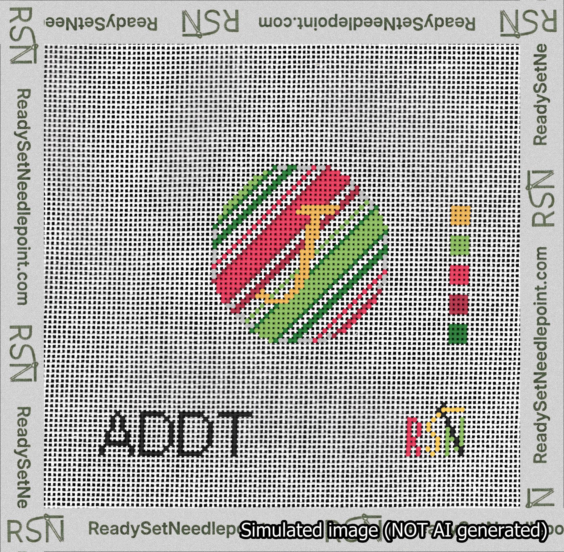 A taped needlepoint canvas with the design: Holiday Circle Initial J Font Gold Script Background Christmas Stripe.