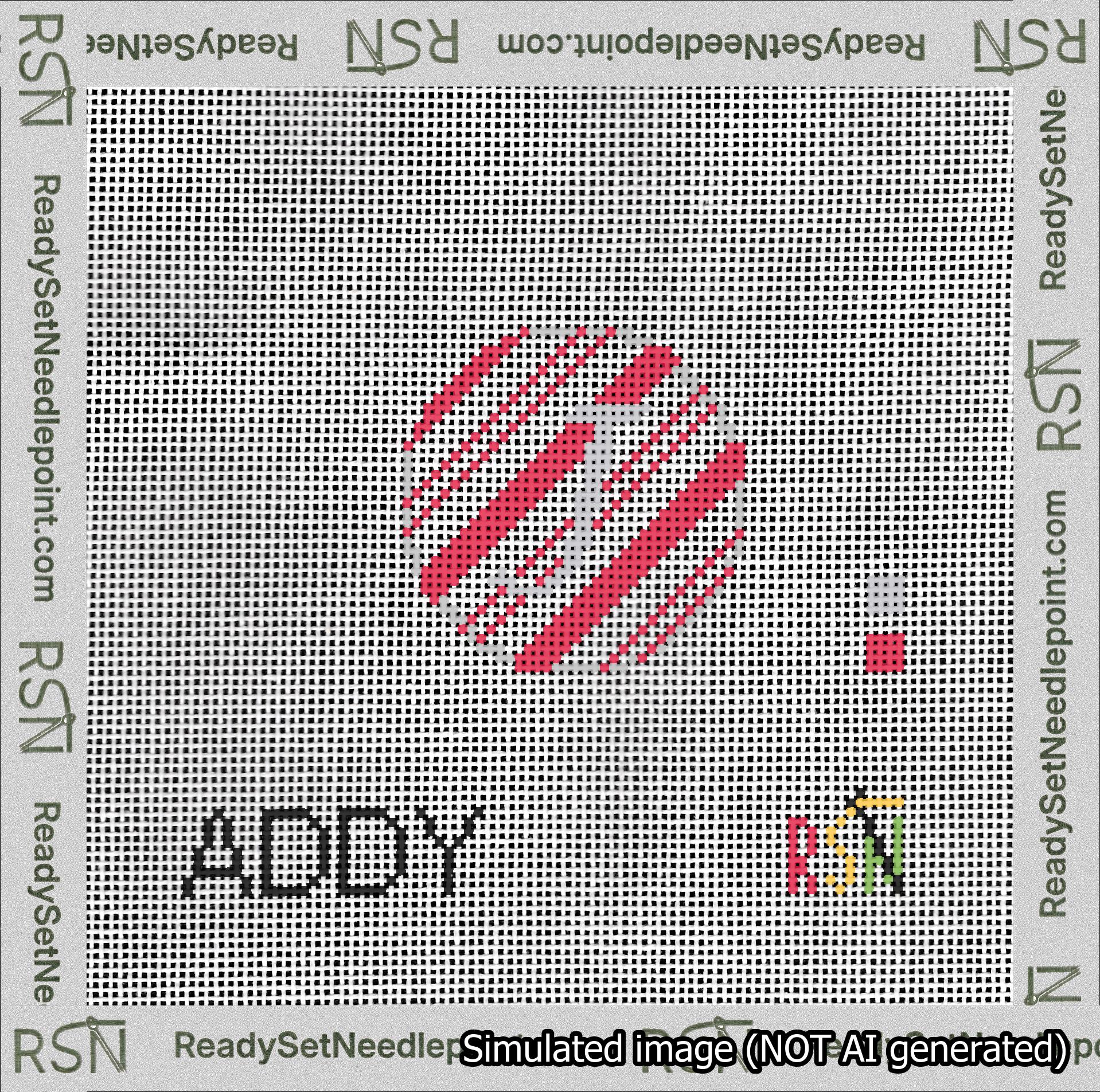 A taped needlepoint canvas with the design: Holiday Circle Initial J Font Silver Script Background Candy Cane Stripe.