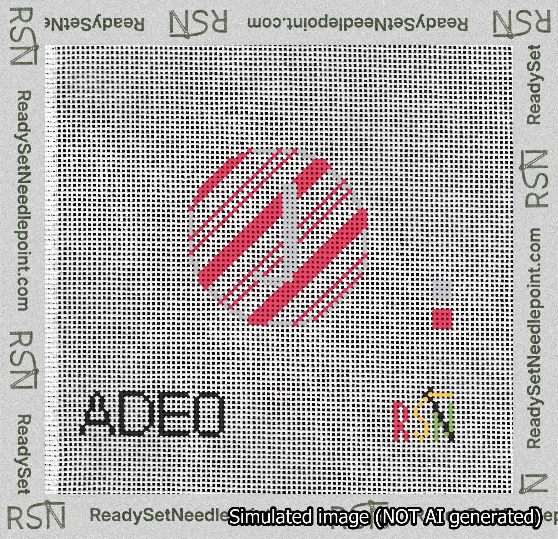 A taped needlepoint canvas with the design: Holiday Circle Initial J Font Silver Sans Serif Background Candy Cane Stripe.