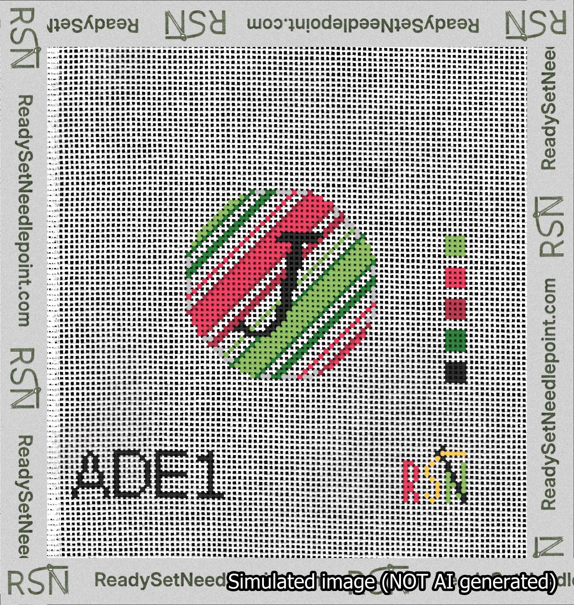 A taped needlepoint canvas with the design: Holiday Circle Initial J Font Black Script Background Christmas Stripe.