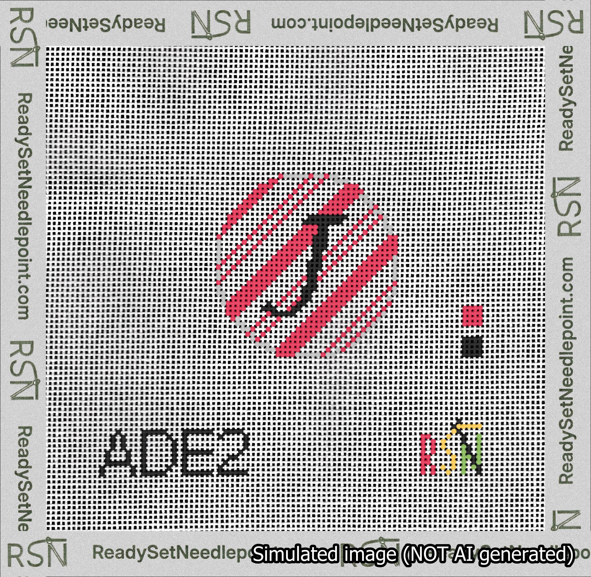 A taped needlepoint canvas with the design: Holiday Circle Initial J Font Black Script Background Candy Cane Stripe.