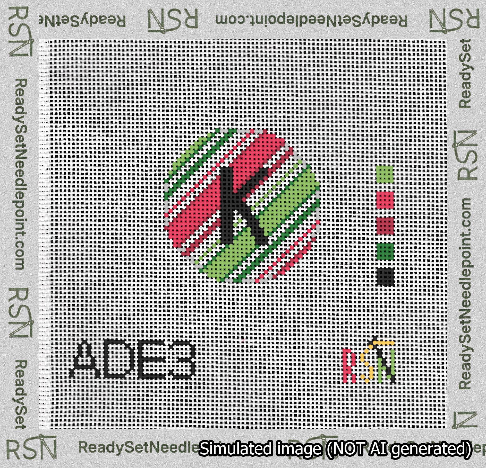 A taped needlepoint canvas with the design: Holiday Circle Initial K Font Black Sans Serif Background Christmas Stripe.