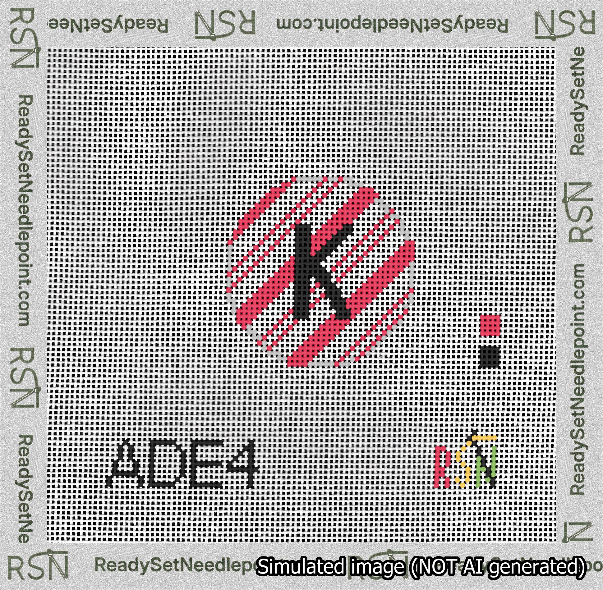 A taped needlepoint canvas with the design: Holiday Circle Initial K Font Black Sans Serif Background Candy Cane Stripe.