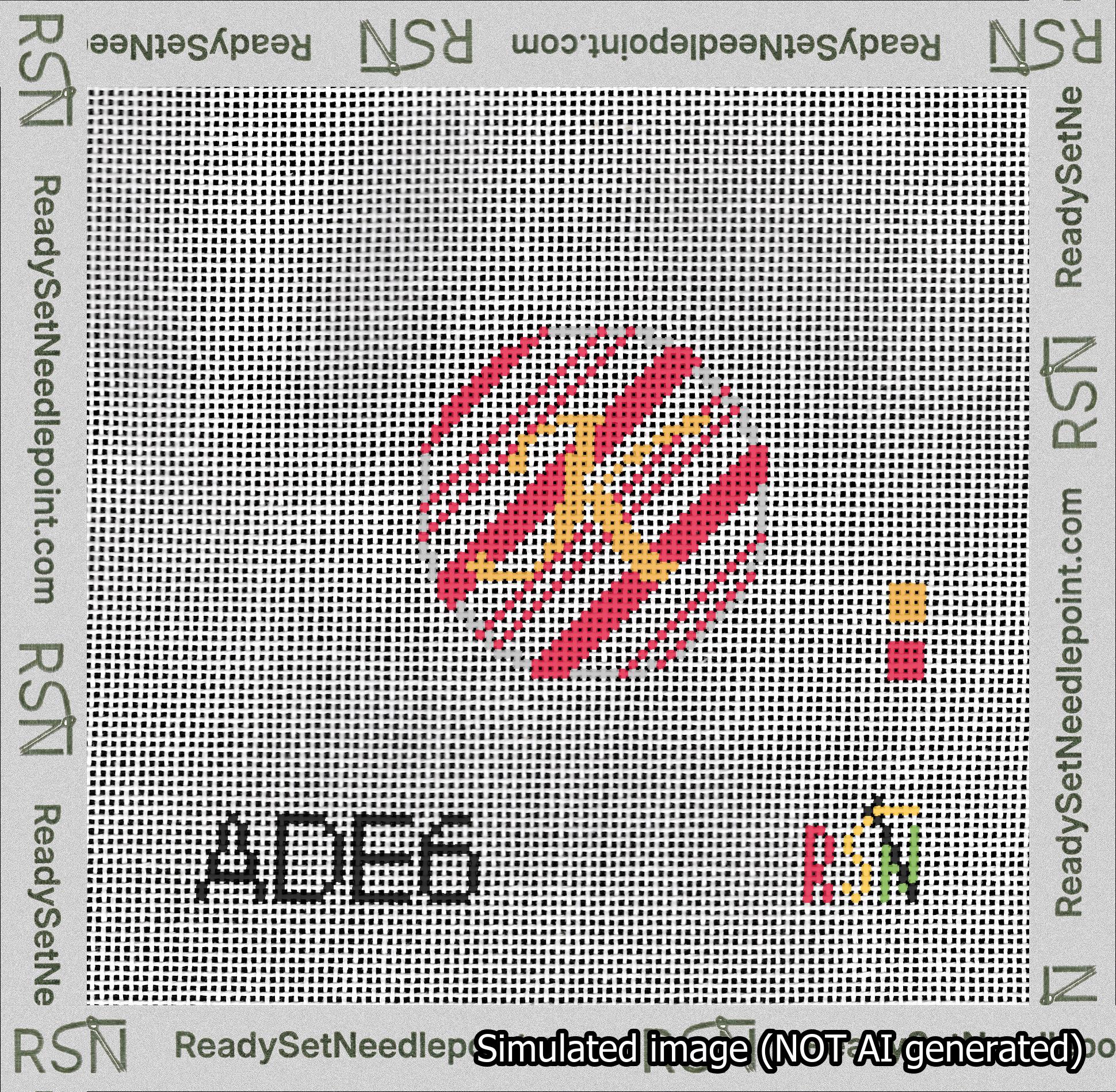 A taped needlepoint canvas with the design: Holiday Circle Initial K Font Gold Script Background Candy Cane Stripe.