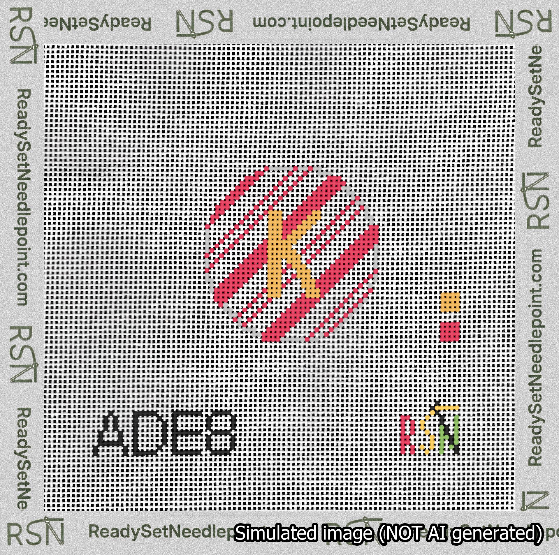 A taped needlepoint canvas with the design: Holiday Circle Initial K Font Gold Sans Serif Background Candy Cane Stripe.
