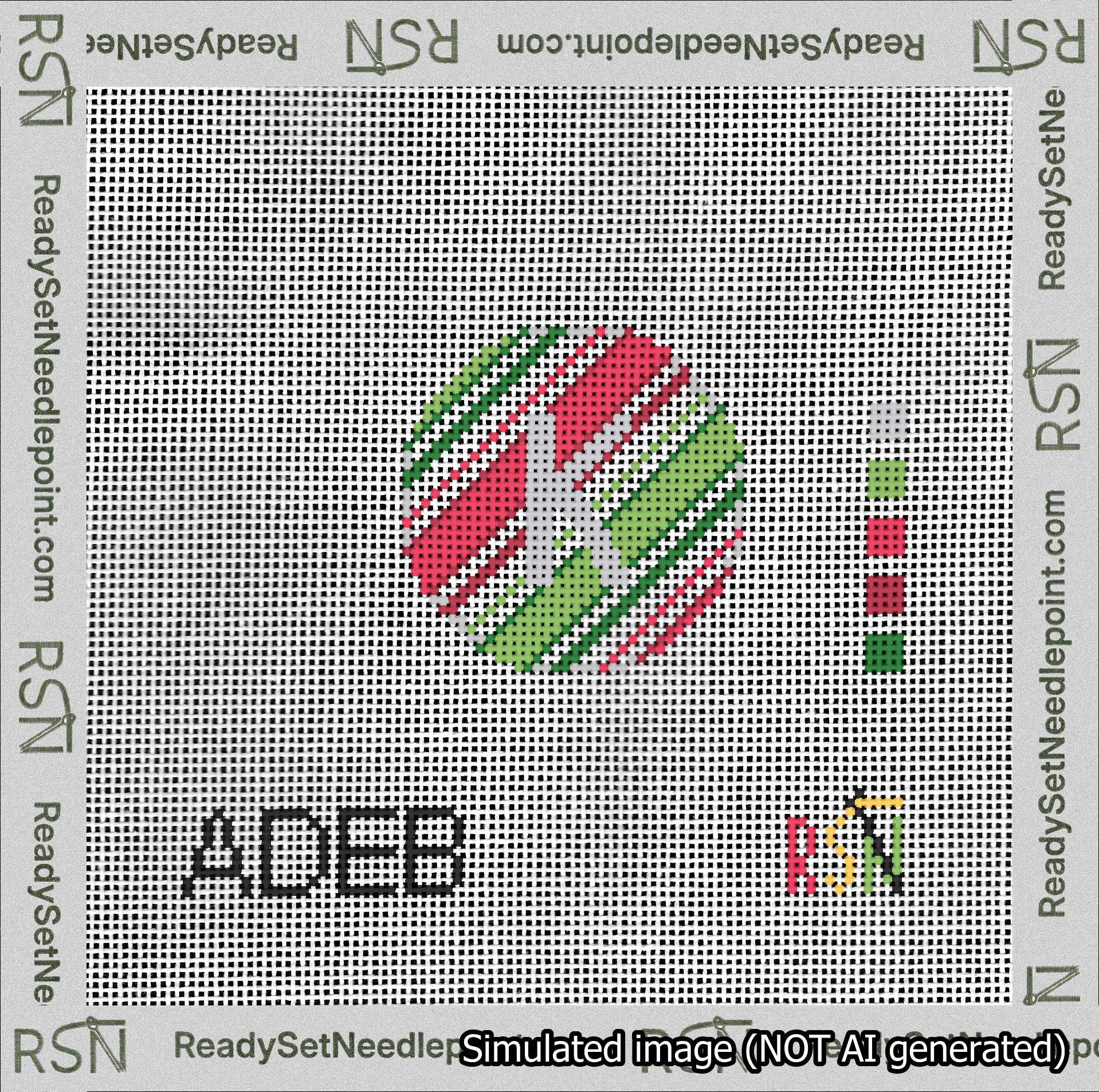 A taped needlepoint canvas with the design: Holiday Circle Initial K Font Silver Sans Serif Background Christmas Stripe.