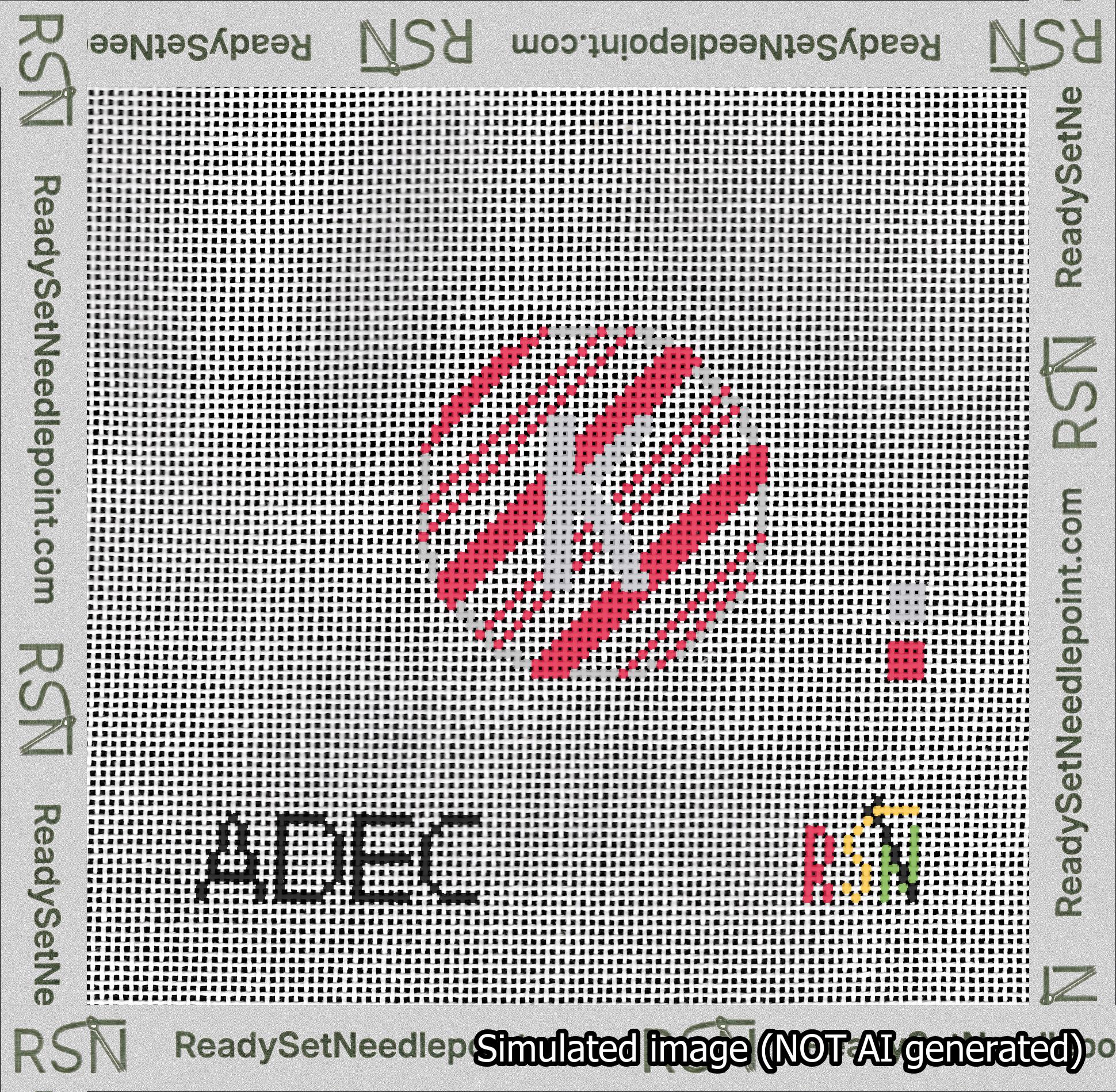 A taped needlepoint canvas with the design: Holiday Circle Initial K Font Silver Sans Serif Background Candy Cane Stripe.