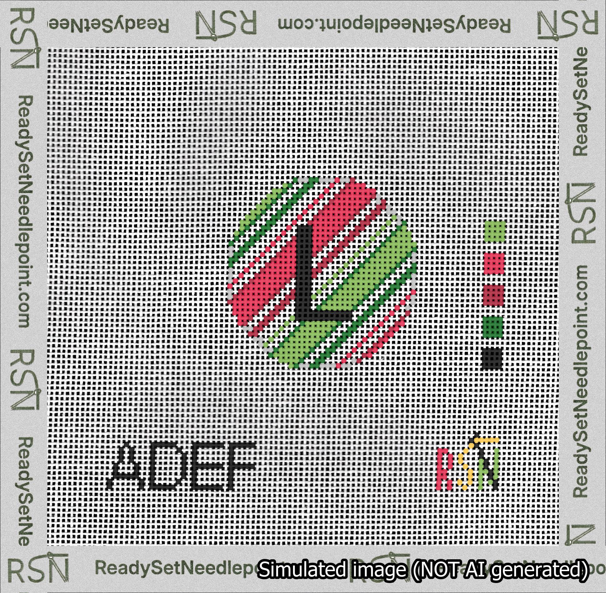 A taped needlepoint canvas with the design: Holiday Circle Initial L Font Black Sans Serif Background Christmas Stripe.