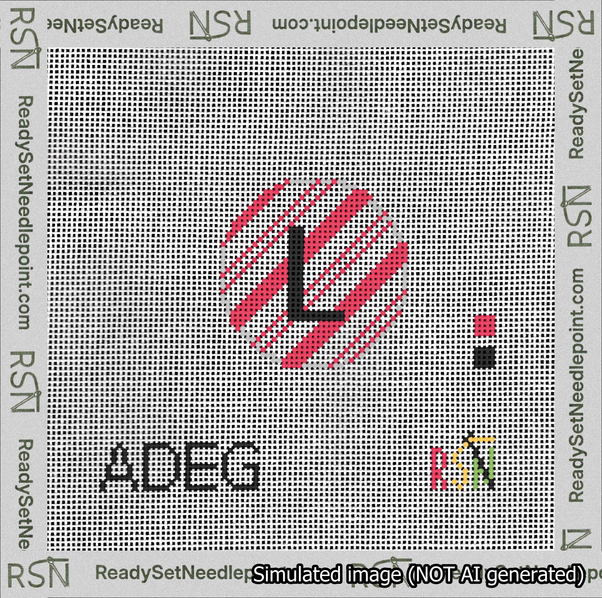 A taped needlepoint canvas with the design: Holiday Circle Initial L Font Black Sans Serif Background Candy Cane Stripe.