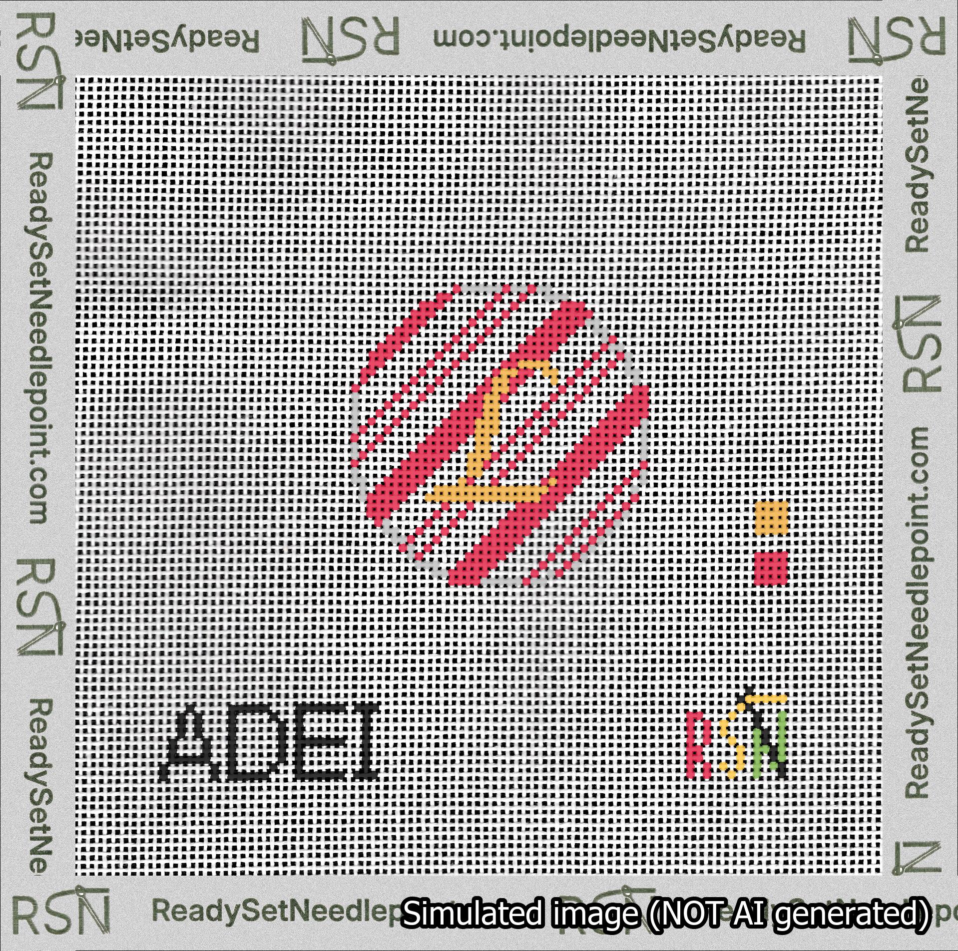 A taped needlepoint canvas with the design: Holiday Circle Initial L Font Gold Script Background Candy Cane Stripe.