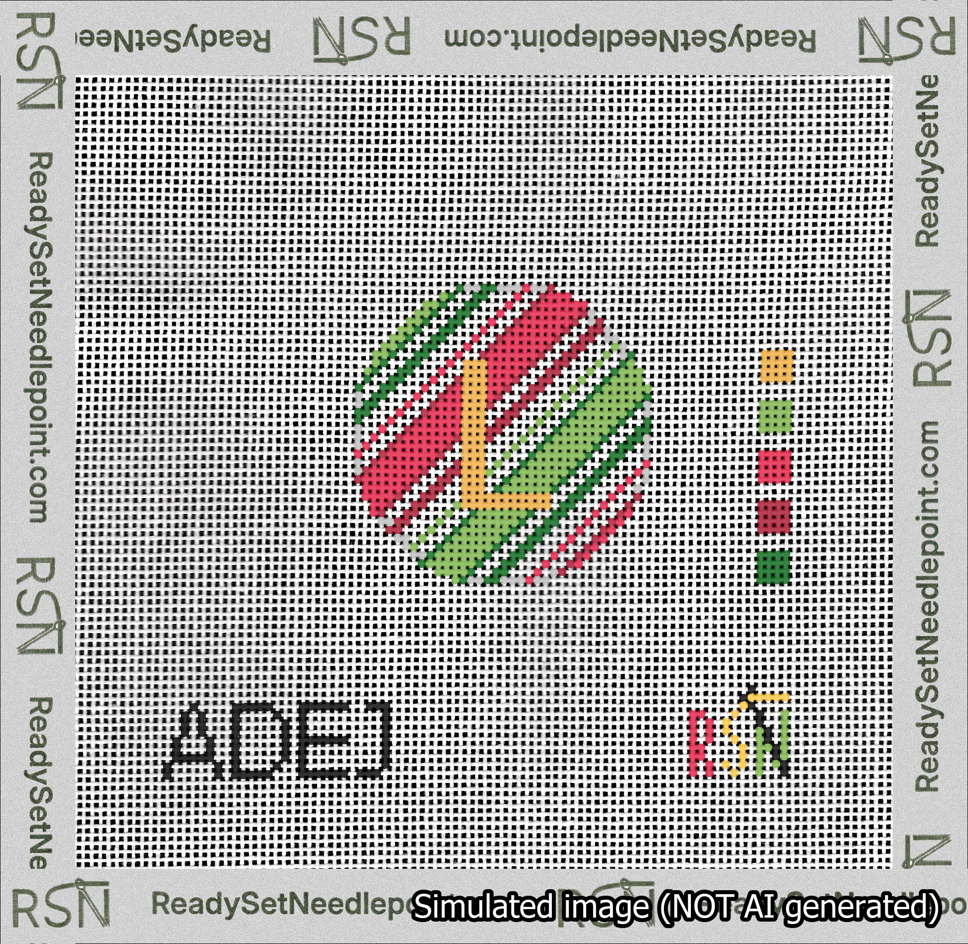 A taped needlepoint canvas with the design: Holiday Circle Initial L Font Gold Sans Serif Background Christmas Stripe.