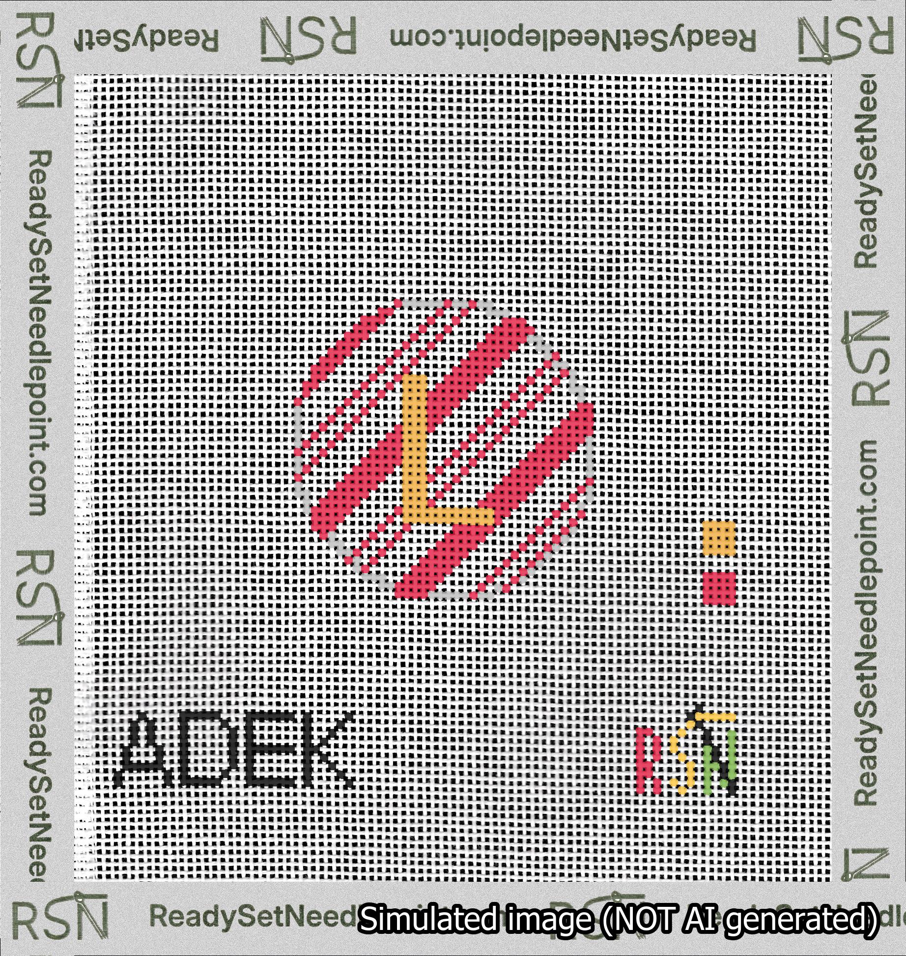 A taped needlepoint canvas with the design: Holiday Circle Initial L Font Gold Sans Serif Background Candy Cane Stripe.