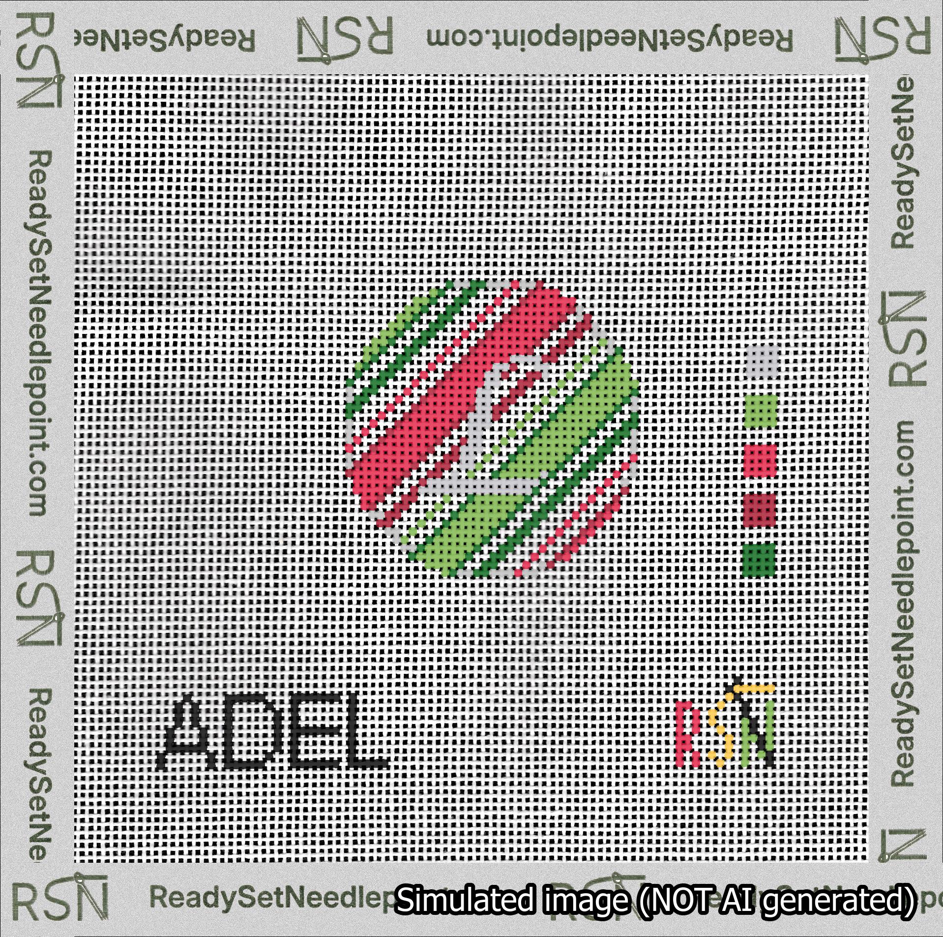 A taped needlepoint canvas with the design: Holiday Circle Initial L Font Silver Script Background Christmas Stripe.