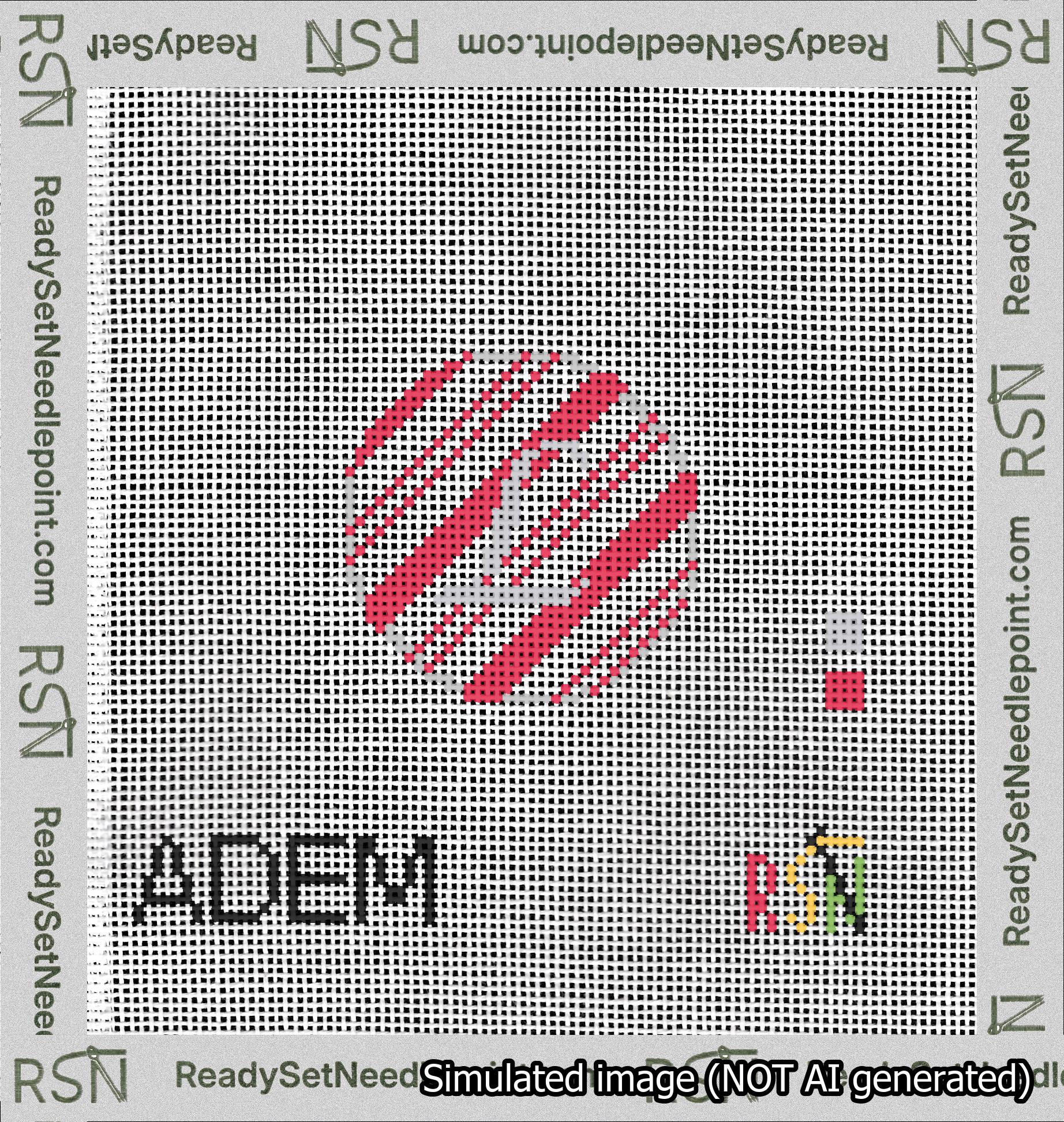 A taped needlepoint canvas with the design: Holiday Circle Initial L Font Silver Script Background Candy Cane Stripe.