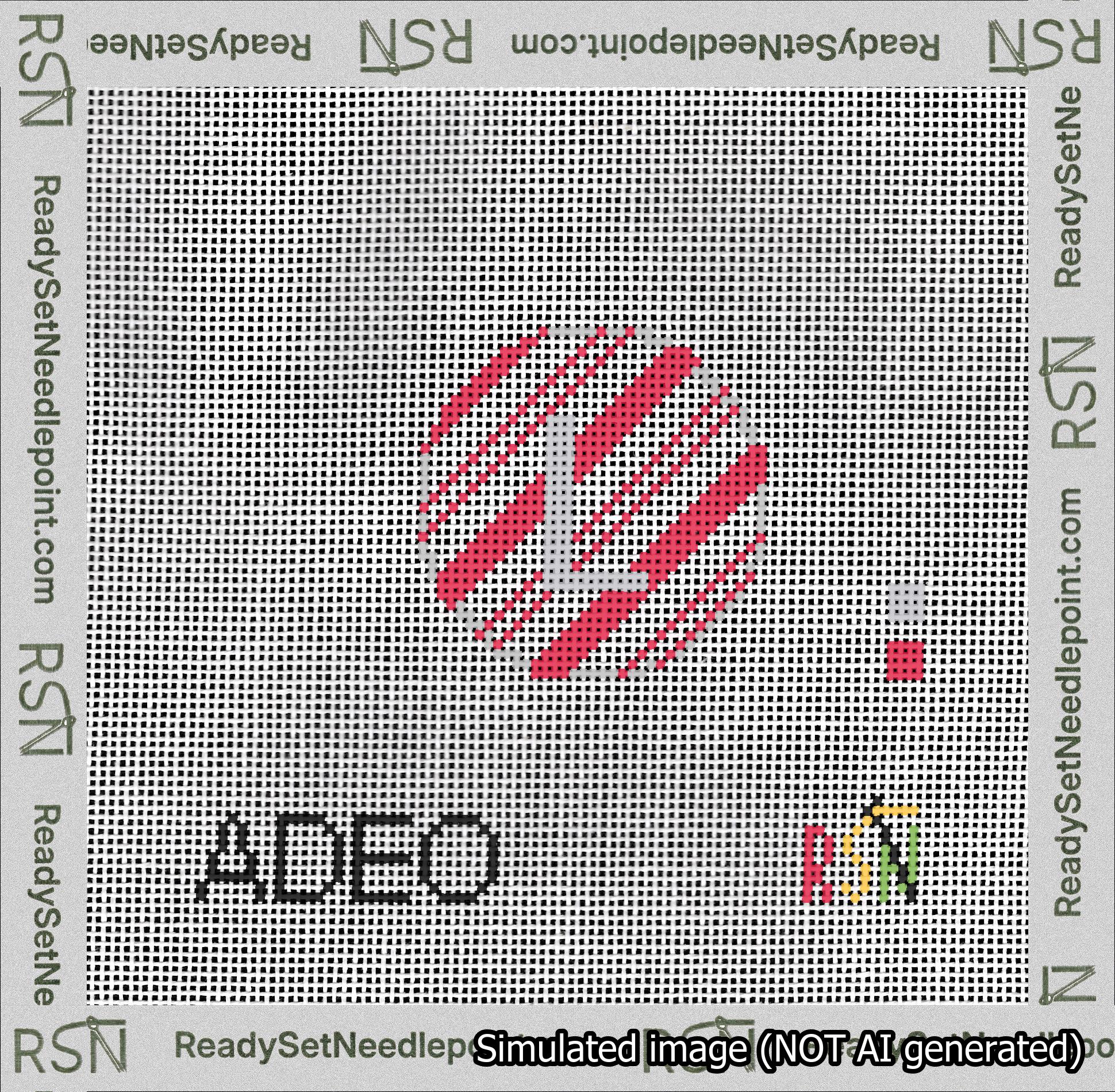 A taped needlepoint canvas with the design: Holiday Circle Initial L Font Silver Sans Serif Background Candy Cane Stripe.