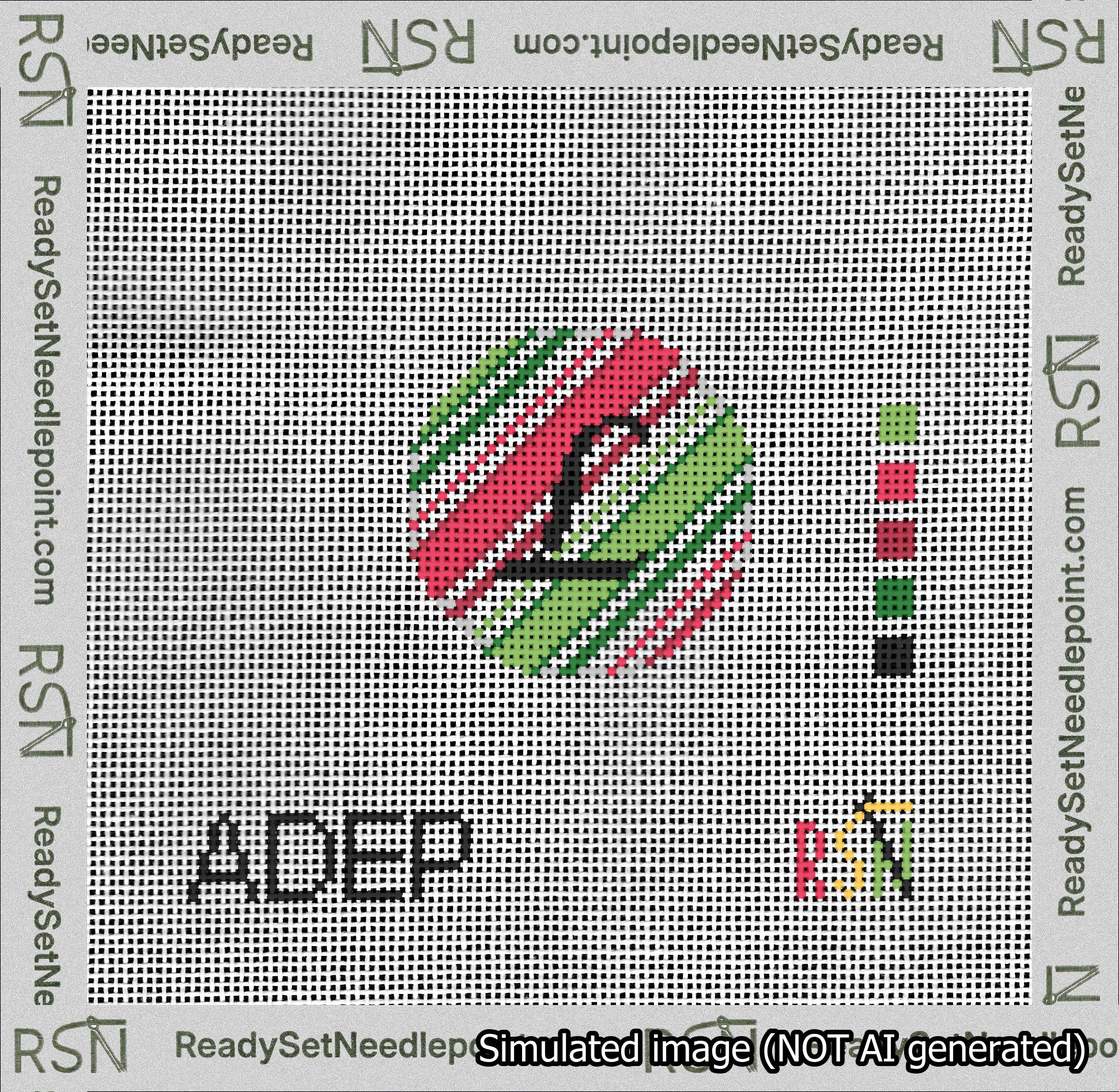 A taped needlepoint canvas with the design: Holiday Circle Initial L Font Black Script Background Christmas Stripe.