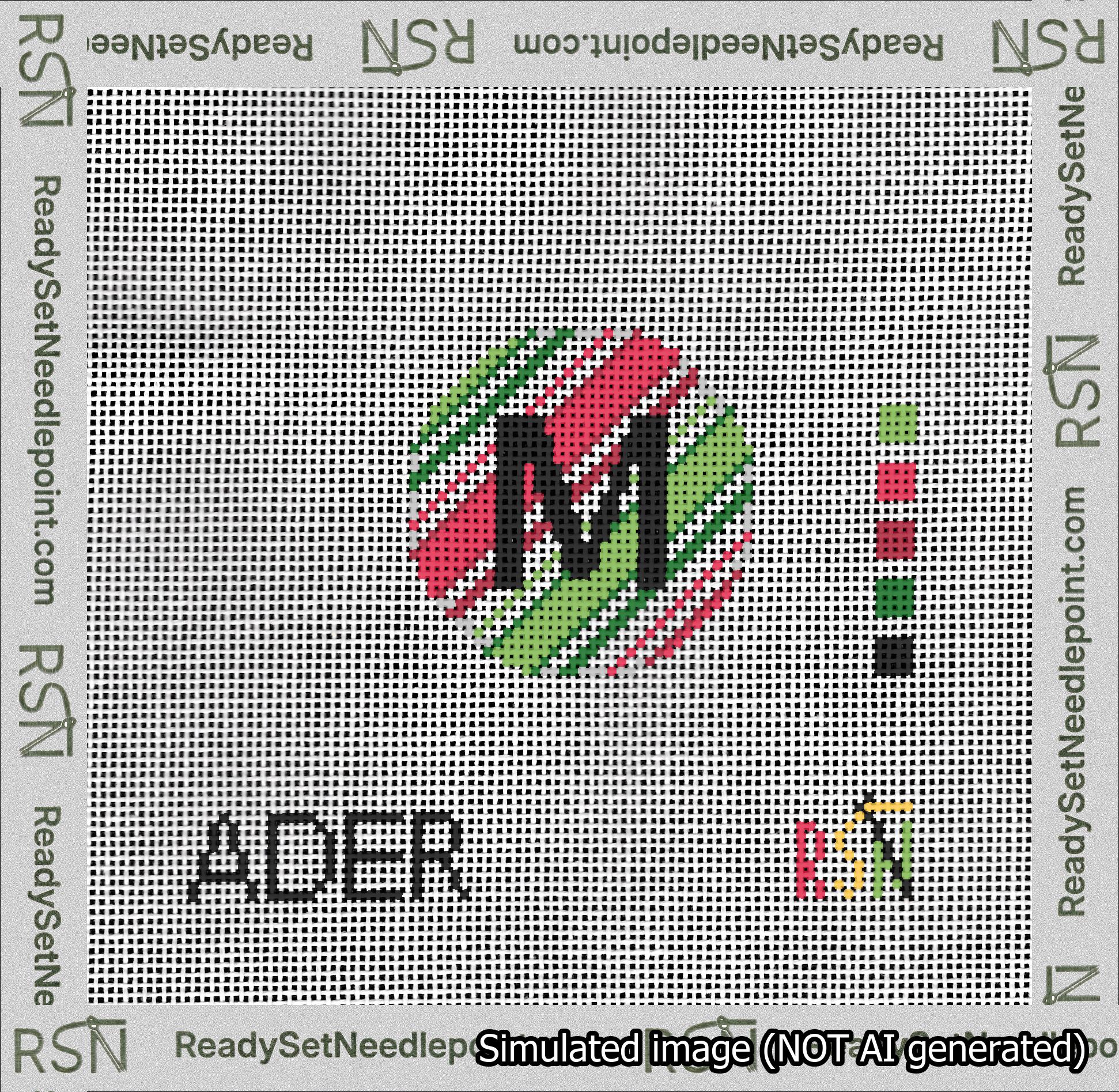 A taped needlepoint canvas with the design: Holiday Circle Initial M Font Black Sans Serif Background Christmas Stripe.
