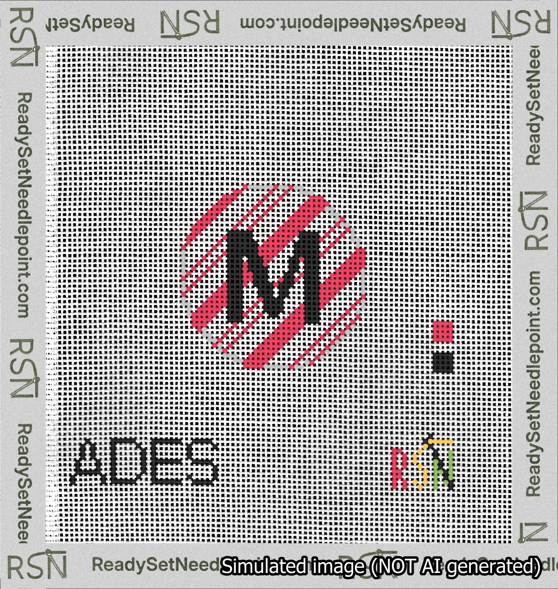 A taped needlepoint canvas with the design: Holiday Circle Initial M Font Black Sans Serif Background Candy Cane Stripe.