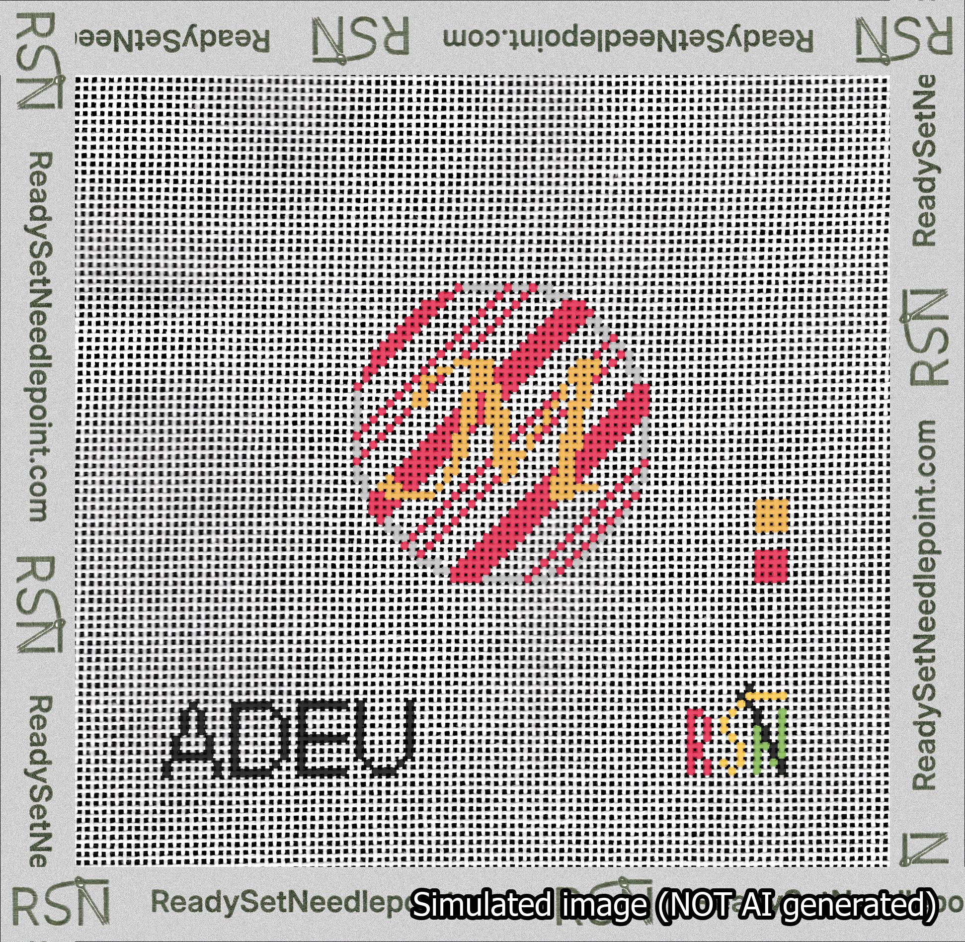A taped needlepoint canvas with the design: Holiday Circle Initial M Font Gold Script Background Candy Cane Stripe.
