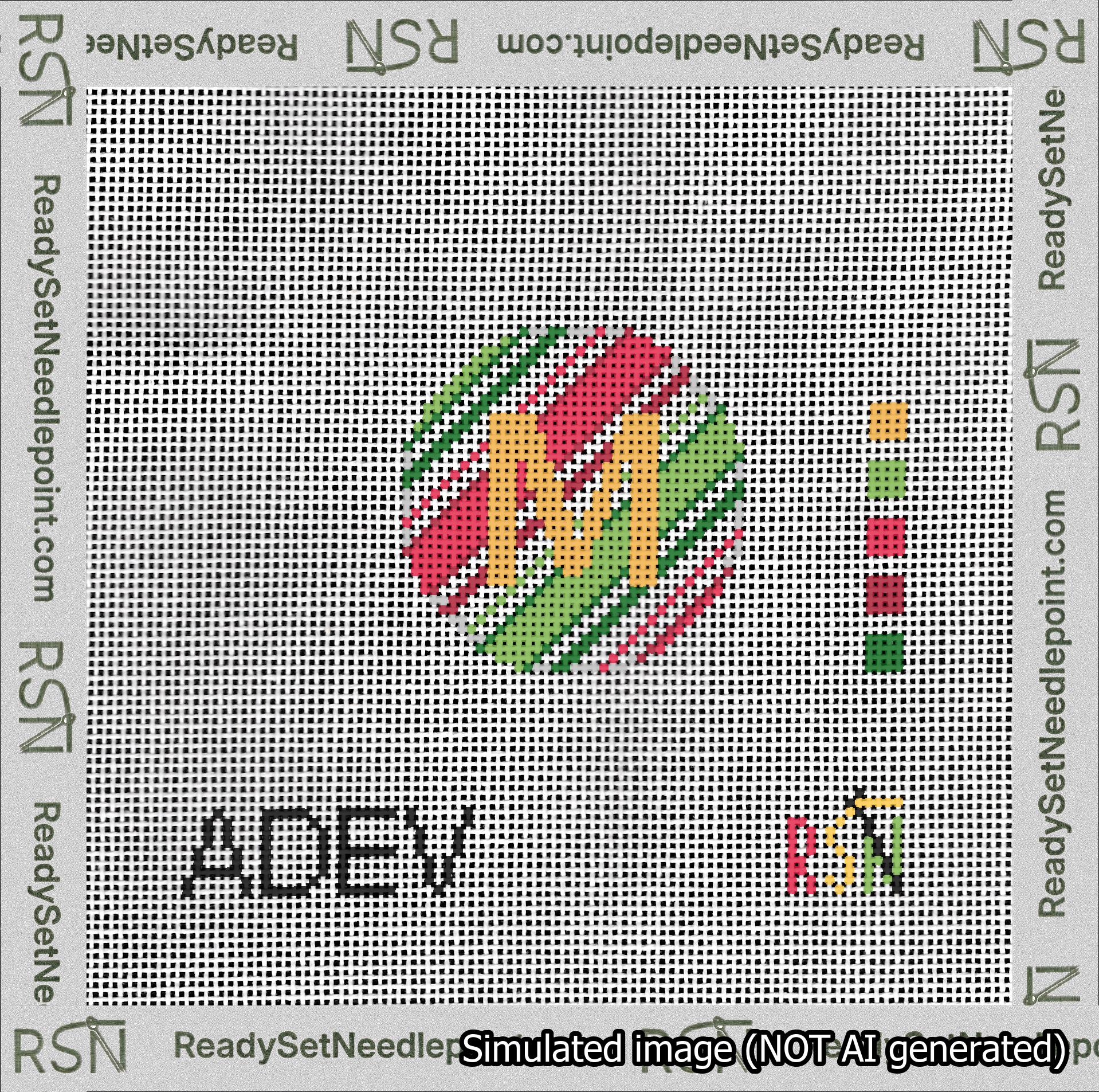 A taped needlepoint canvas with the design: Holiday Circle Initial M Font Gold Sans Serif Background Christmas Stripe.