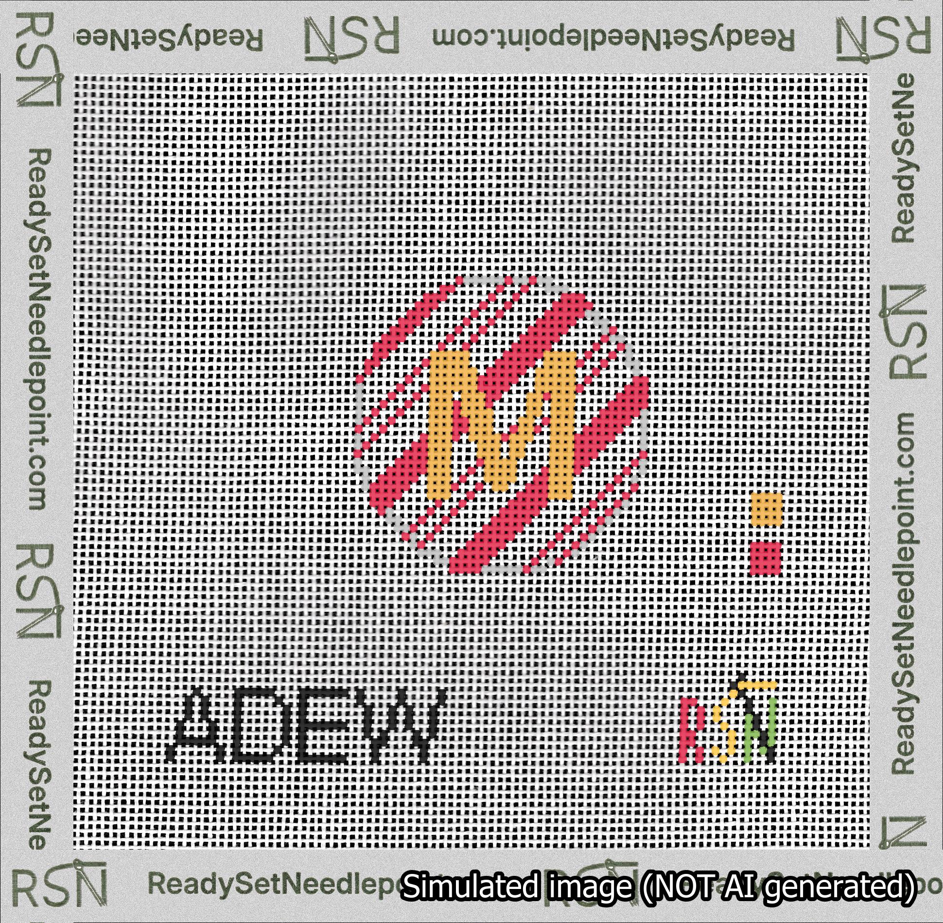 A taped needlepoint canvas with the design: Holiday Circle Initial M Font Gold Sans Serif Background Candy Cane Stripe.