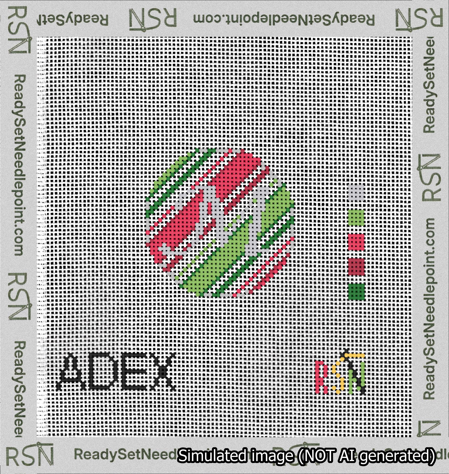 A taped needlepoint canvas with the design: Holiday Circle Initial M Font Silver Script Background Christmas Stripe.