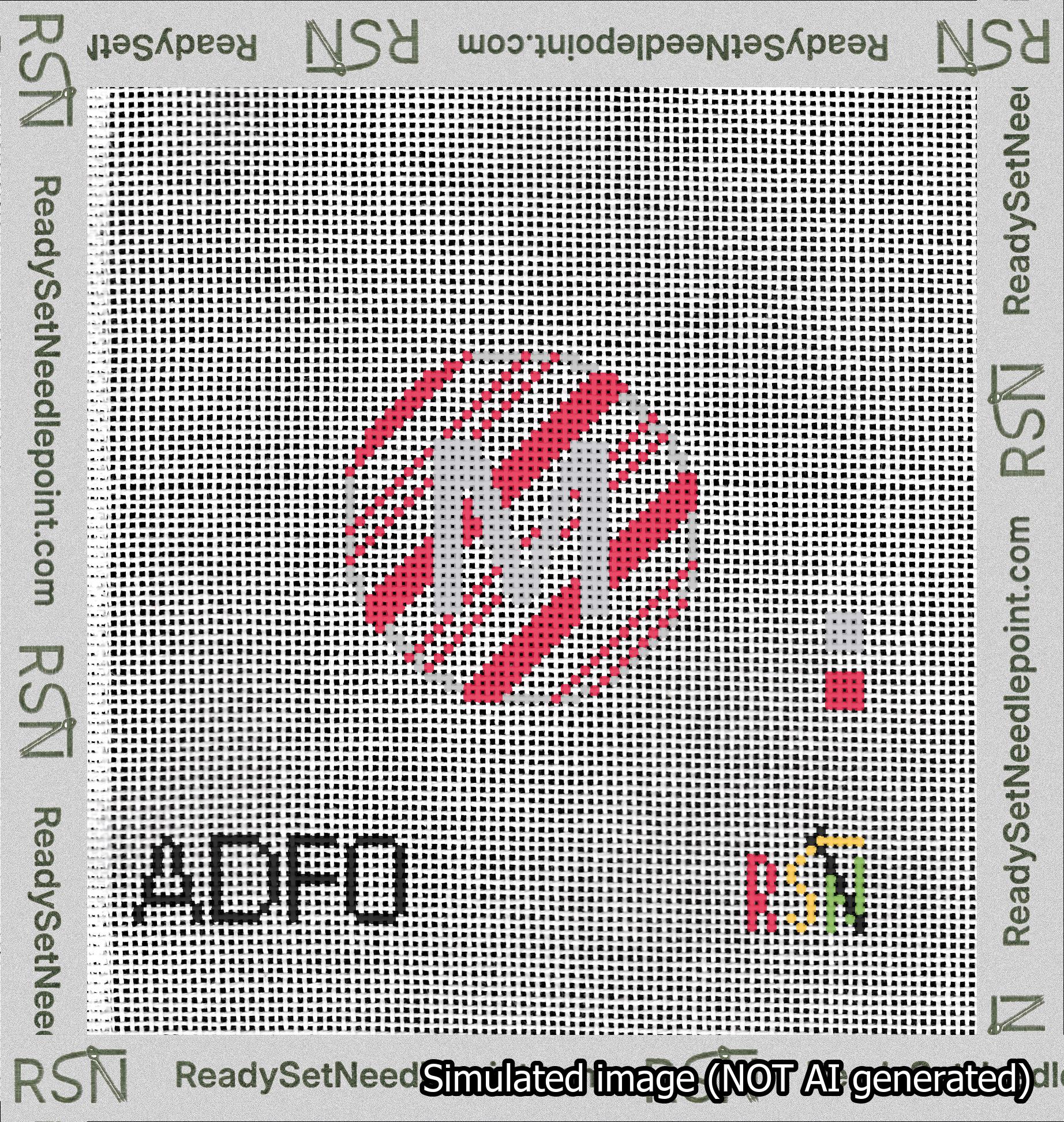 A taped needlepoint canvas with the design: Holiday Circle Initial M Font Silver Sans Serif Background Candy Cane Stripe.