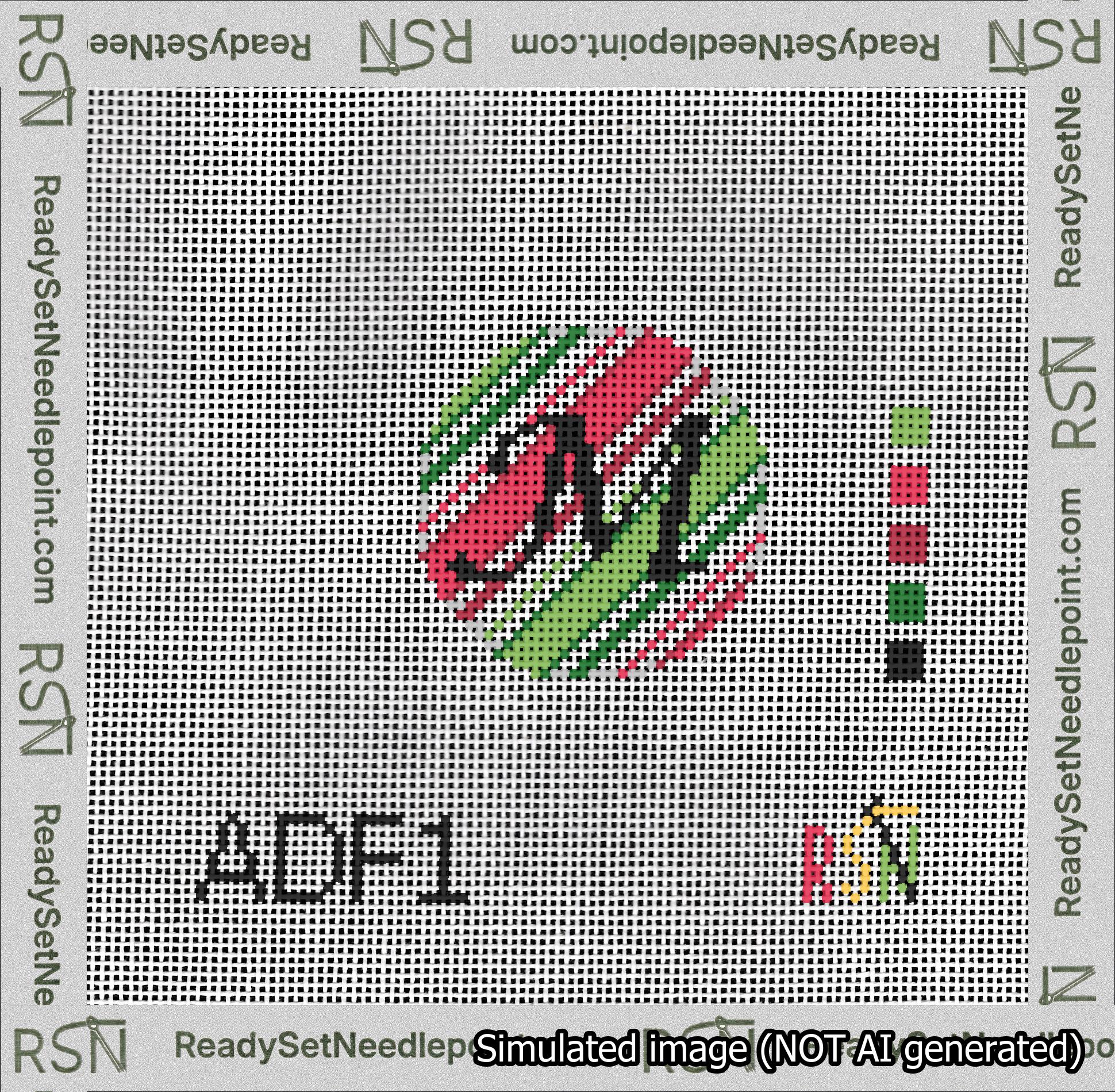 A taped needlepoint canvas with the design: Holiday Circle Initial M Font Black Script Background Christmas Stripe.