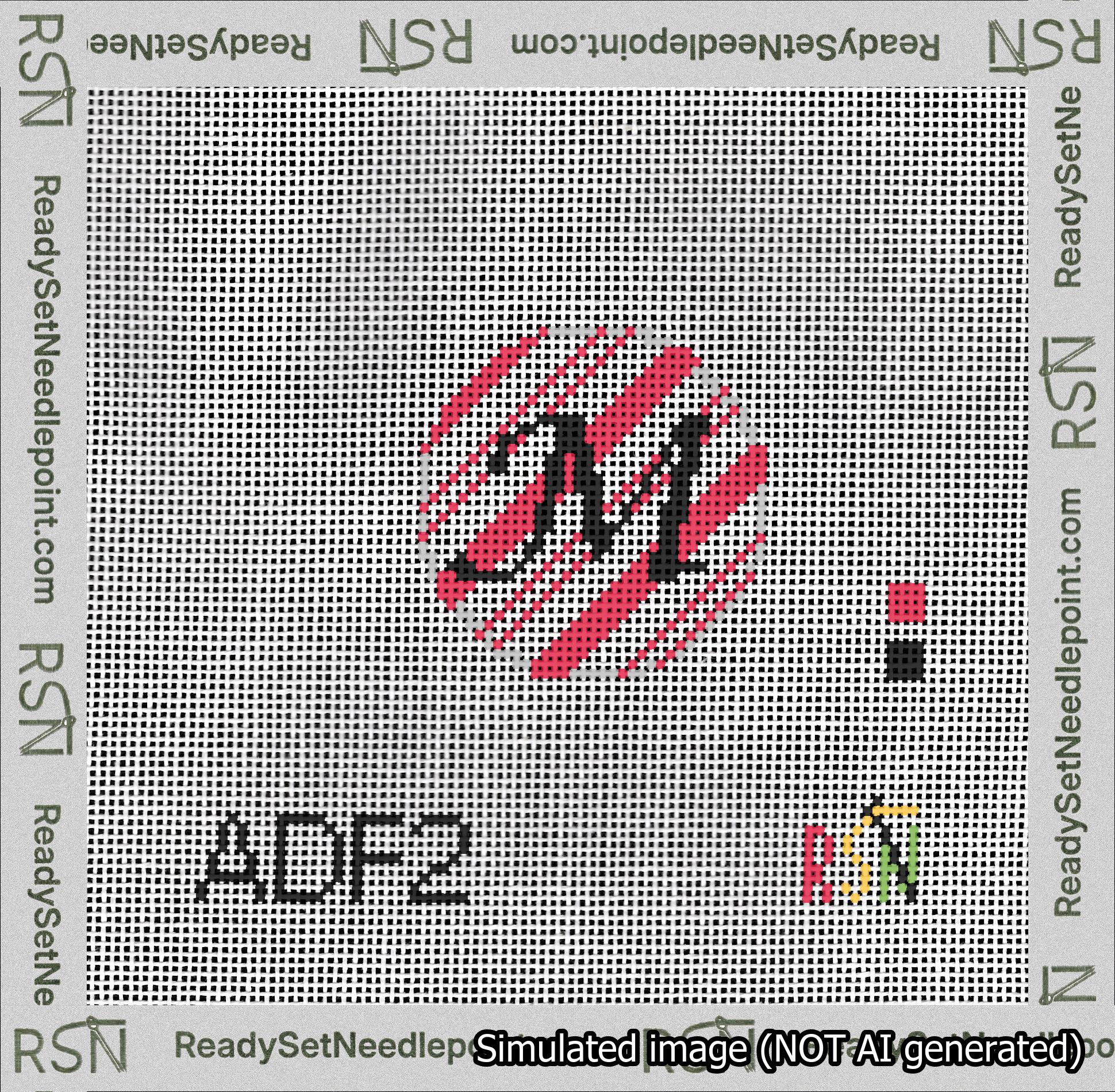 A taped needlepoint canvas with the design: Holiday Circle Initial M Font Black Script Background Candy Cane Stripe.