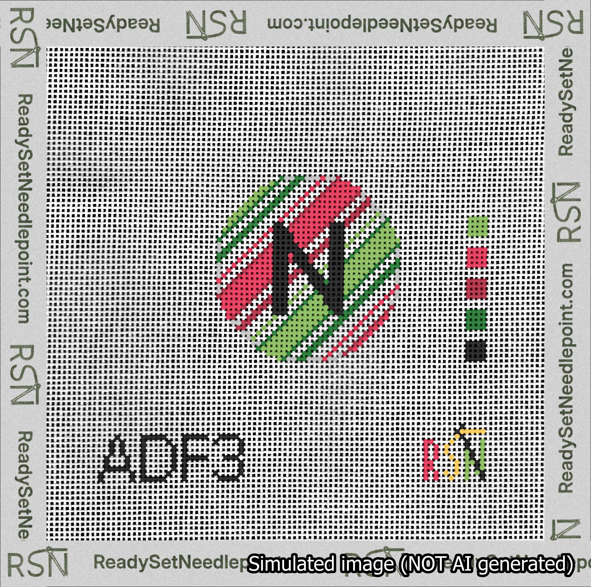 A taped needlepoint canvas with the design: Holiday Circle Initial N Font Black Sans Serif Background Christmas Stripe.