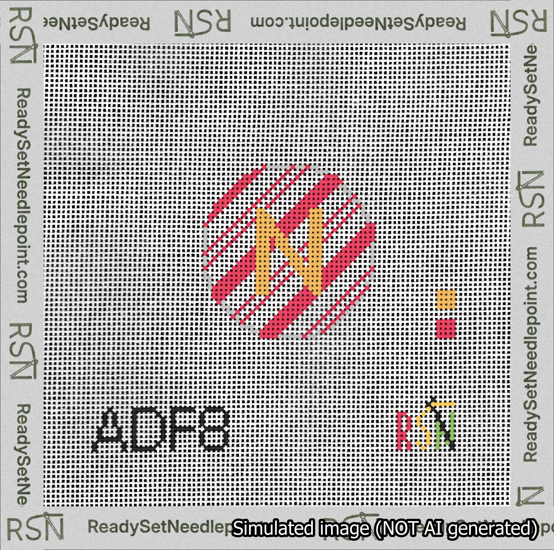 A taped needlepoint canvas with the design: Holiday Circle Initial N Font Gold Sans Serif Background Candy Cane Stripe.
