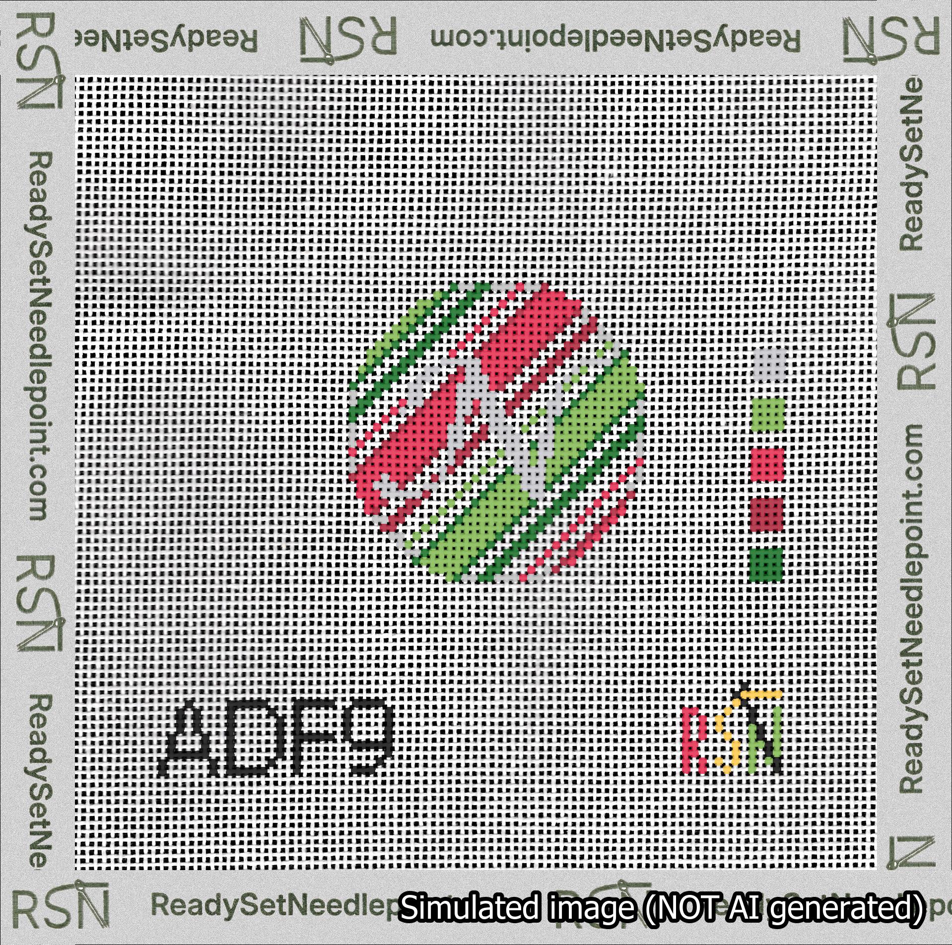 A taped needlepoint canvas with the design: Holiday Circle Initial N Font Silver Script Background Christmas Stripe.