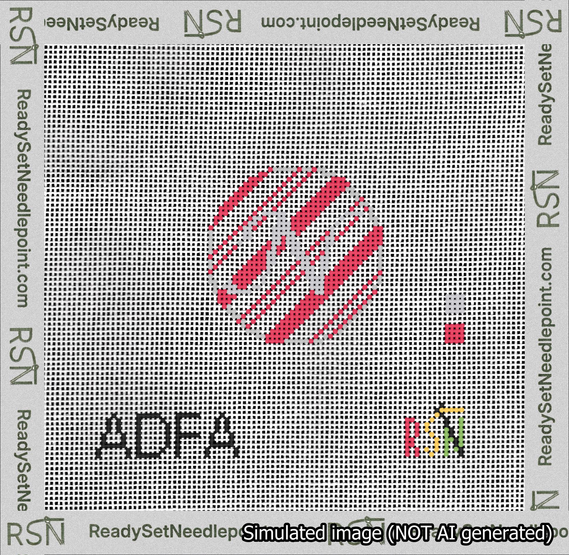 A taped needlepoint canvas with the design: Holiday Circle Initial N Font Silver Script Background Candy Cane Stripe.