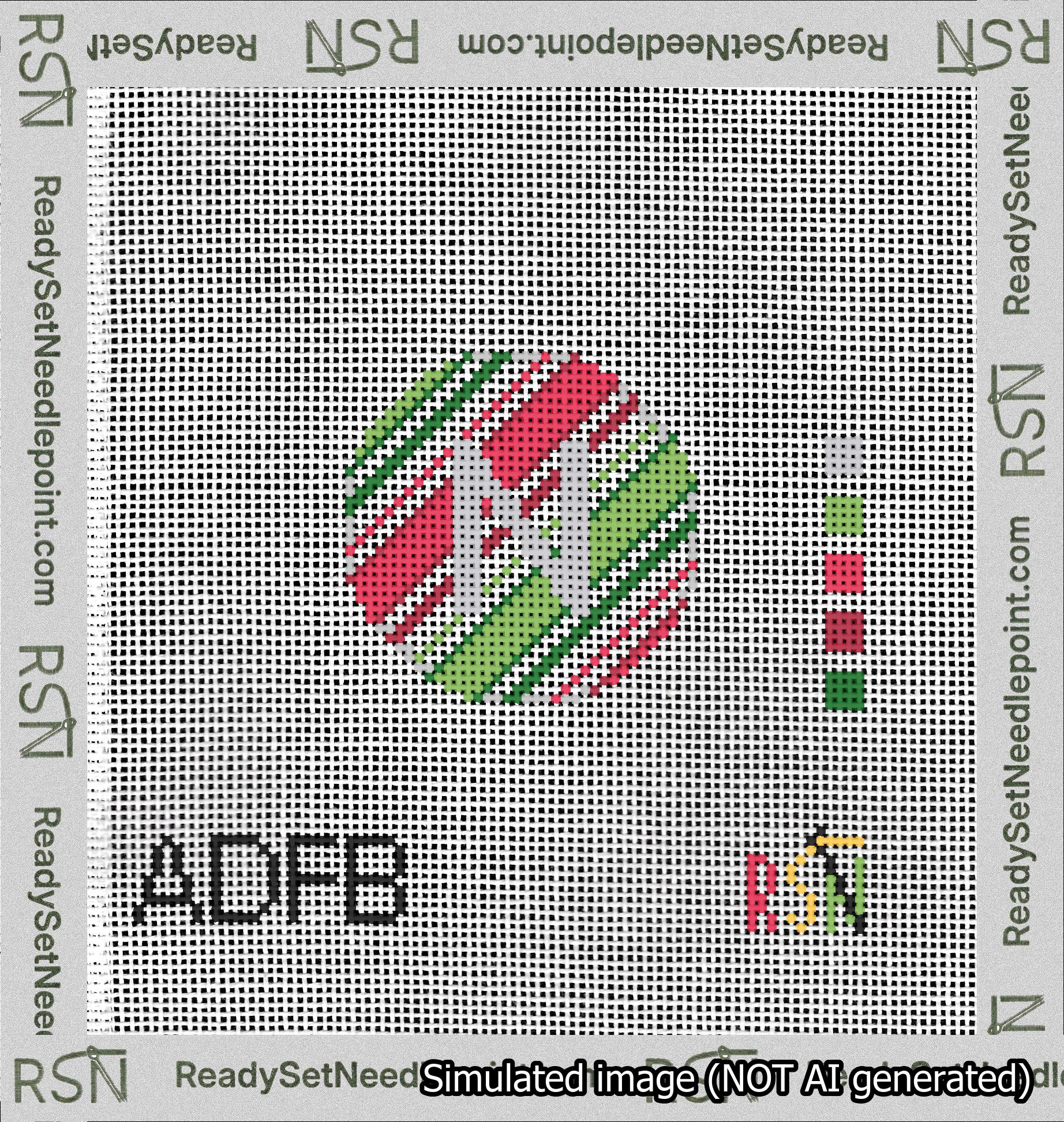 A taped needlepoint canvas with the design: Holiday Circle Initial N Font Silver Sans Serif Background Christmas Stripe.