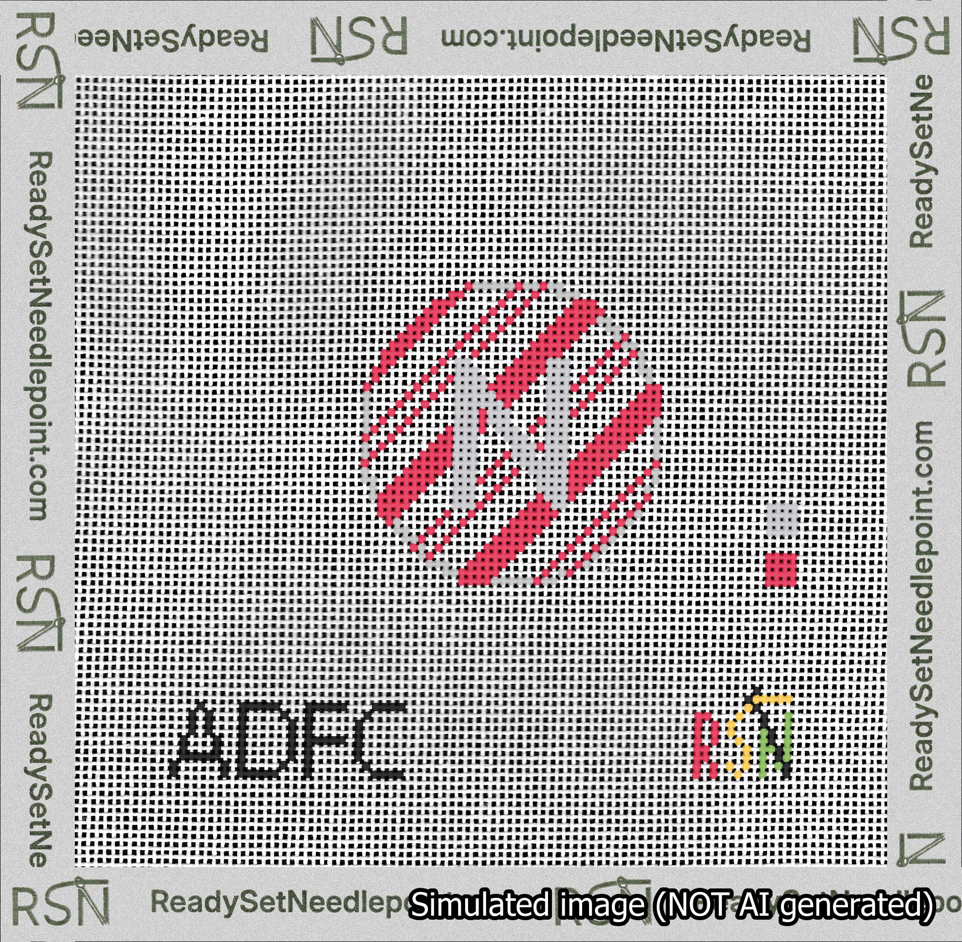 A taped needlepoint canvas with the design: Holiday Circle Initial N Font Silver Sans Serif Background Candy Cane Stripe.