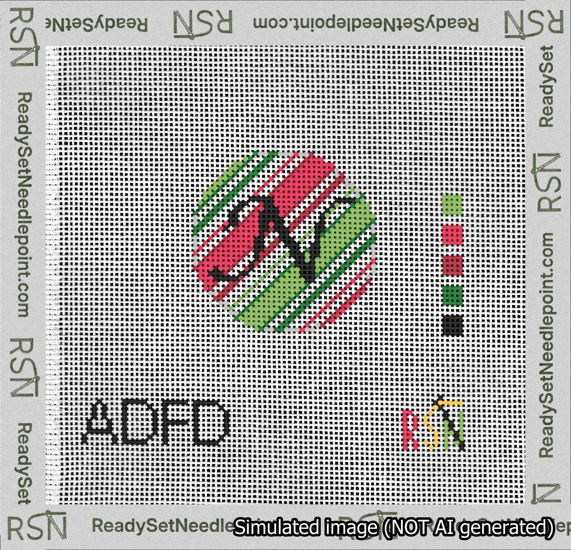 A taped needlepoint canvas with the design: Holiday Circle Initial N Font Black Script Background Christmas Stripe.