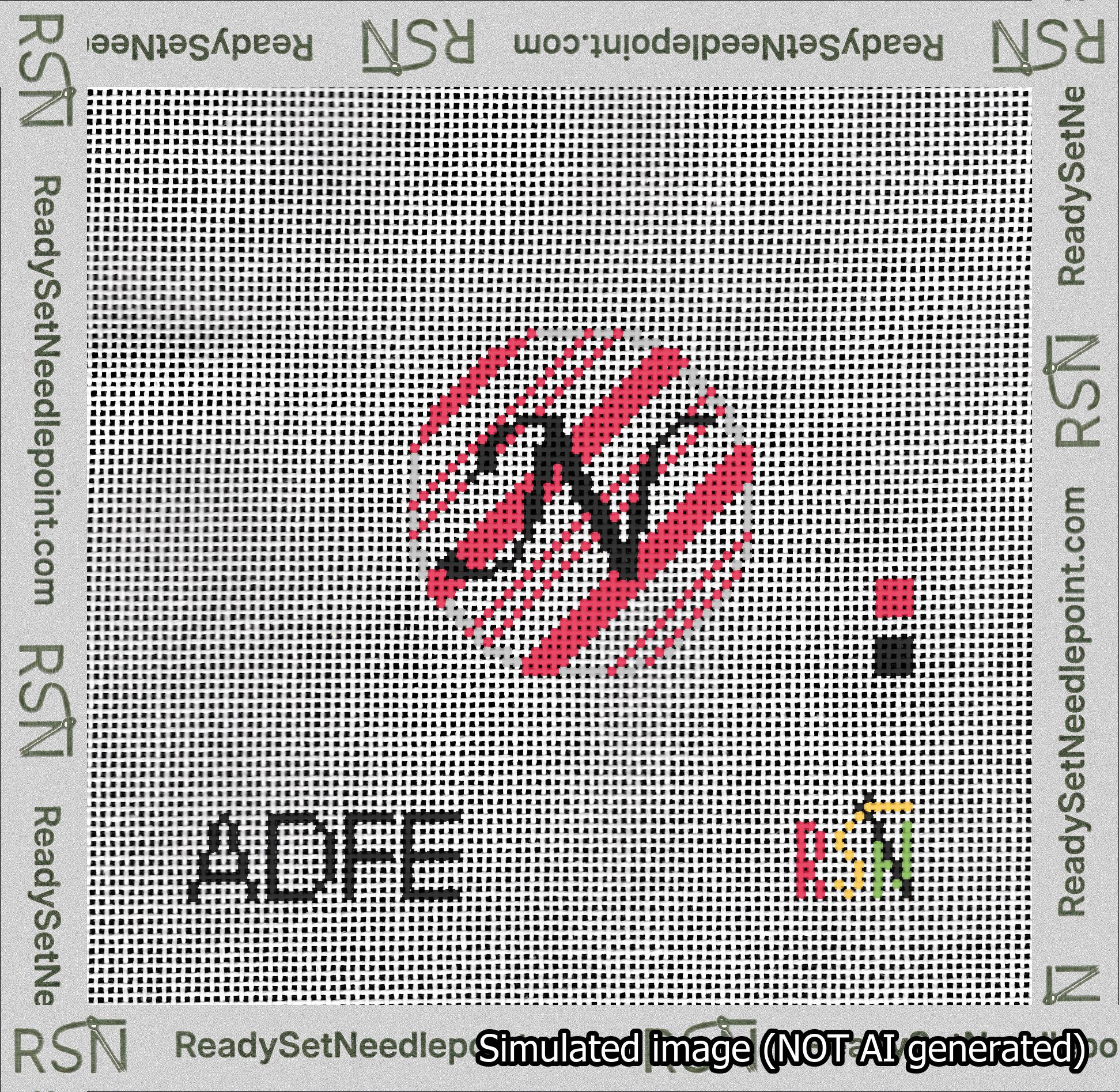 A taped needlepoint canvas with the design: Holiday Circle Initial N Font Black Script Background Candy Cane Stripe.