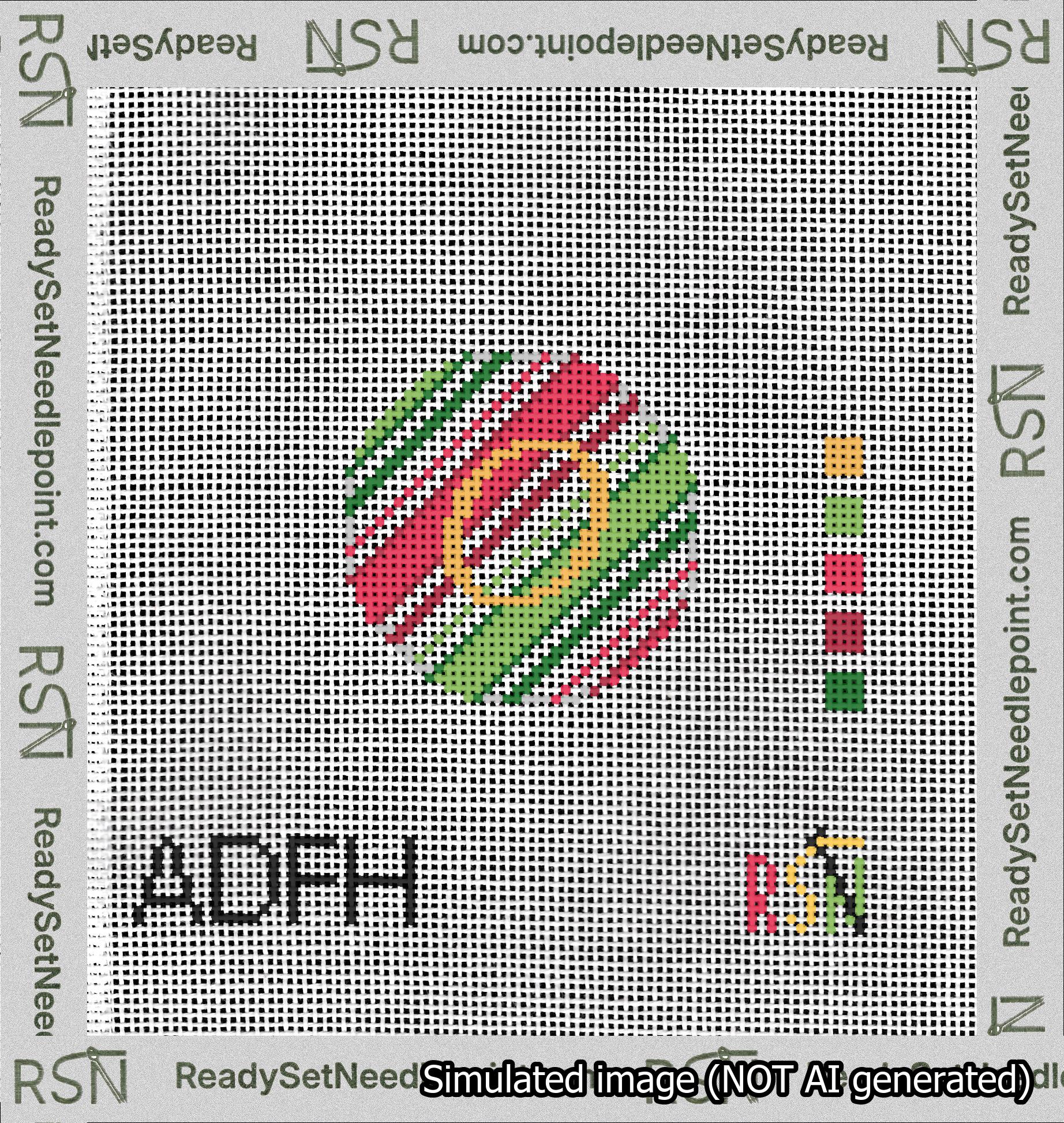 A taped needlepoint canvas with the design: Holiday Circle Initial O Font Gold Script Background Christmas Stripe.